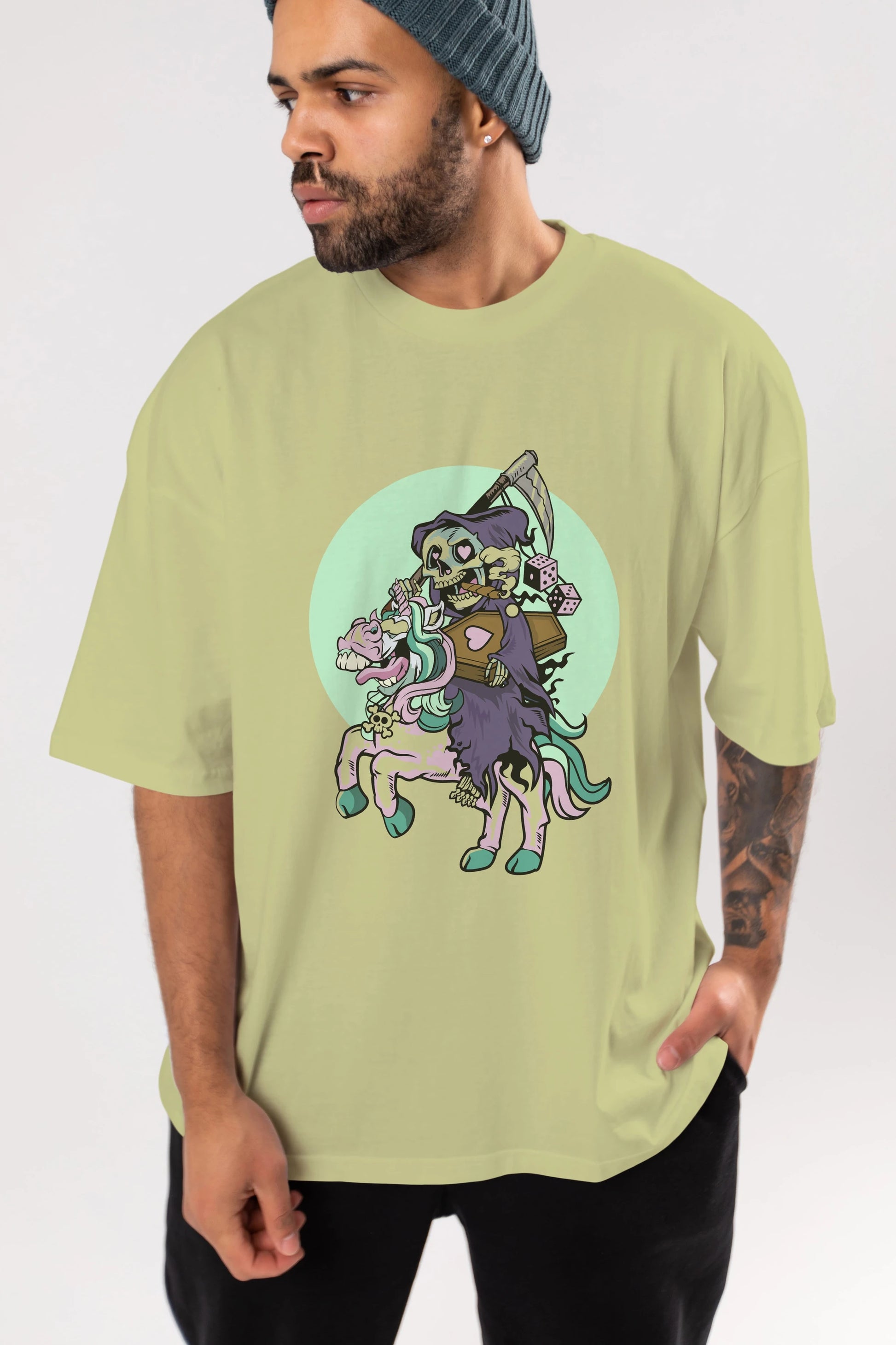 Grim Reaper Riding Unicorn Ön Baskılı Oversize t-shirt Erkek Kadın Unisex %100 Pamuk tişort