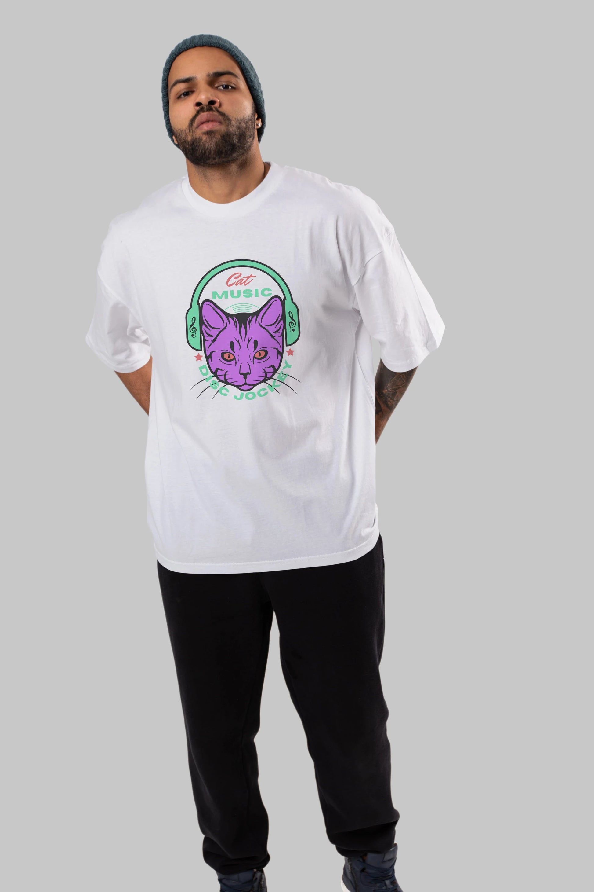 Cat Music Ön Baskılı Oversize t-shirt Erkek Kadın Unisex