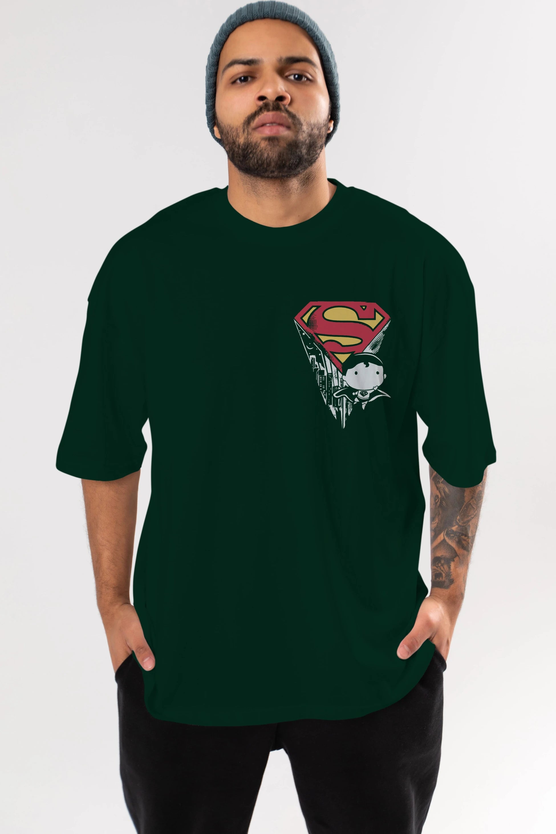 Superman Ön Sol Baskılı Oversize t-shirt Erkek Kadın Unisex %100 Pamuk Bisiklet Yaka tişort