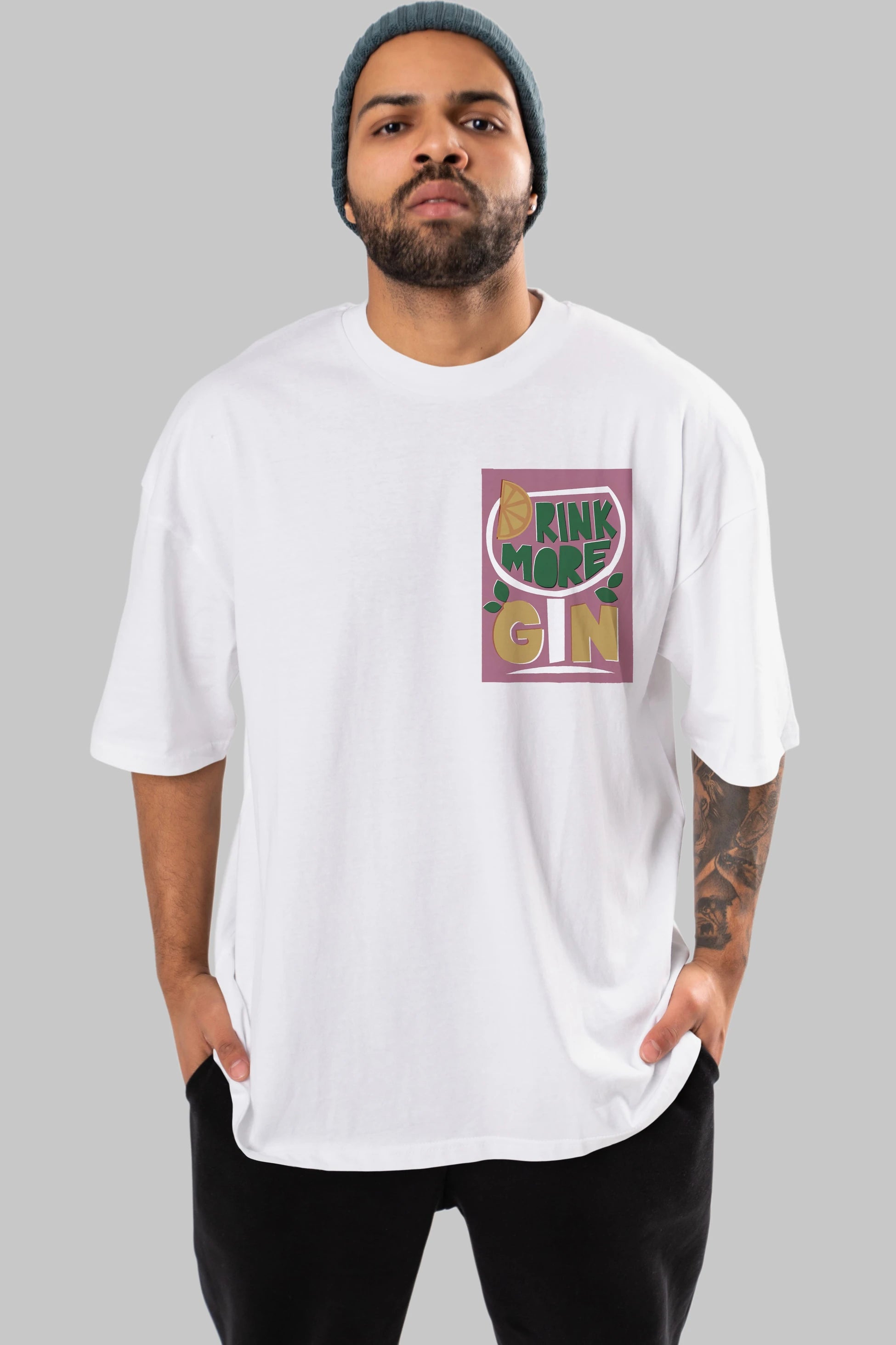 Drink More Gin Ön Sol Baskılı Oversize t-shirt Erkek Kadın Unisex %100 Pamuk Bisiklet Yaka tişort