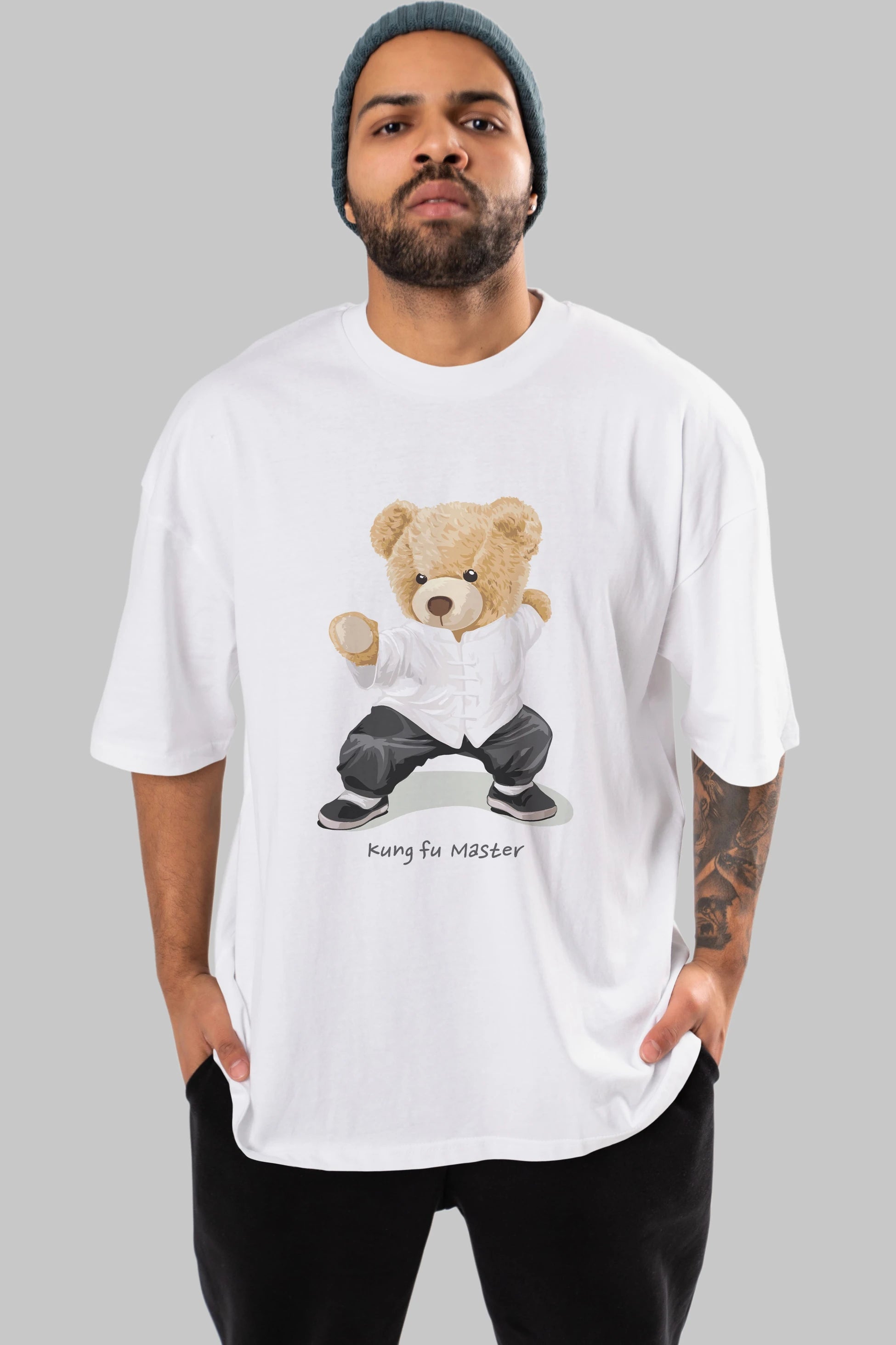 Teddy Bear Kung Fu Master Ön Baskılı Oversize t-shirt Erkek Kadın Unisex %100 Pamuk