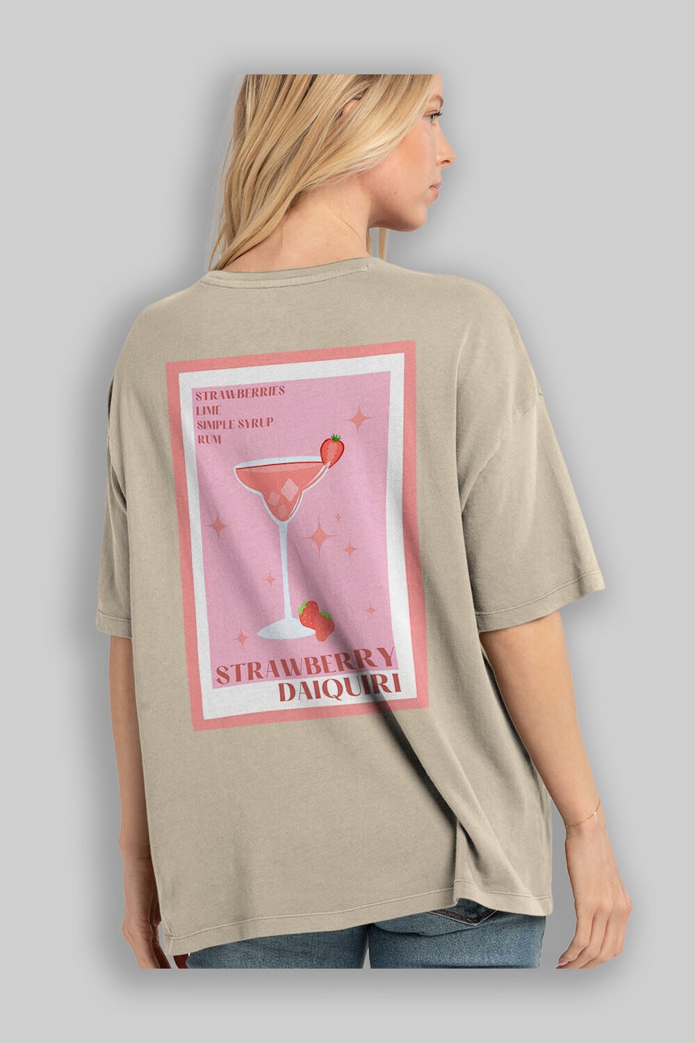 Strawberry Daiquiri Arka Baskılı Oversize t-shirt Erkek Kadın Unisex %100 Pamuk Bisiklet Yaka tişort