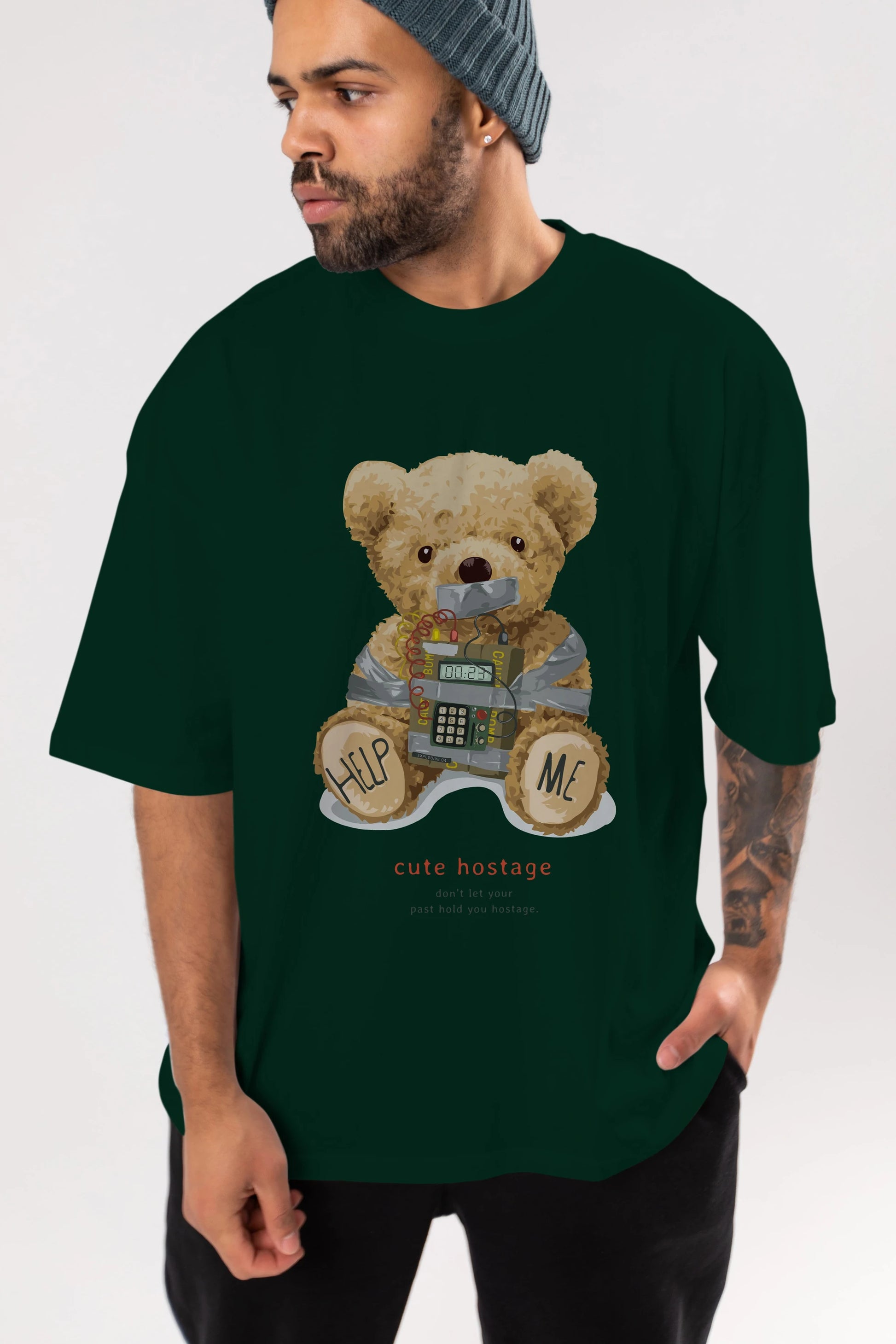 Teddy Bear Help Me Ön Baskılı Oversize t-shirt Erkek Kadın Unisex %100 Pamuk