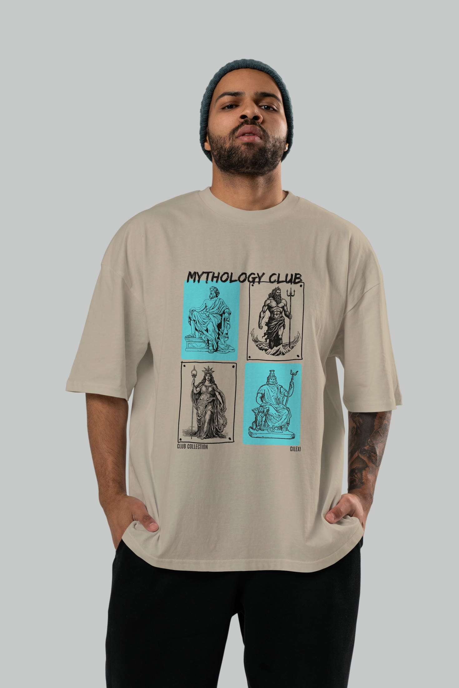 Mythology Club ön Baskılı Oversize t-shirt Erkek Kadın %100 Pamuk Bisiklet Yaka tişort
