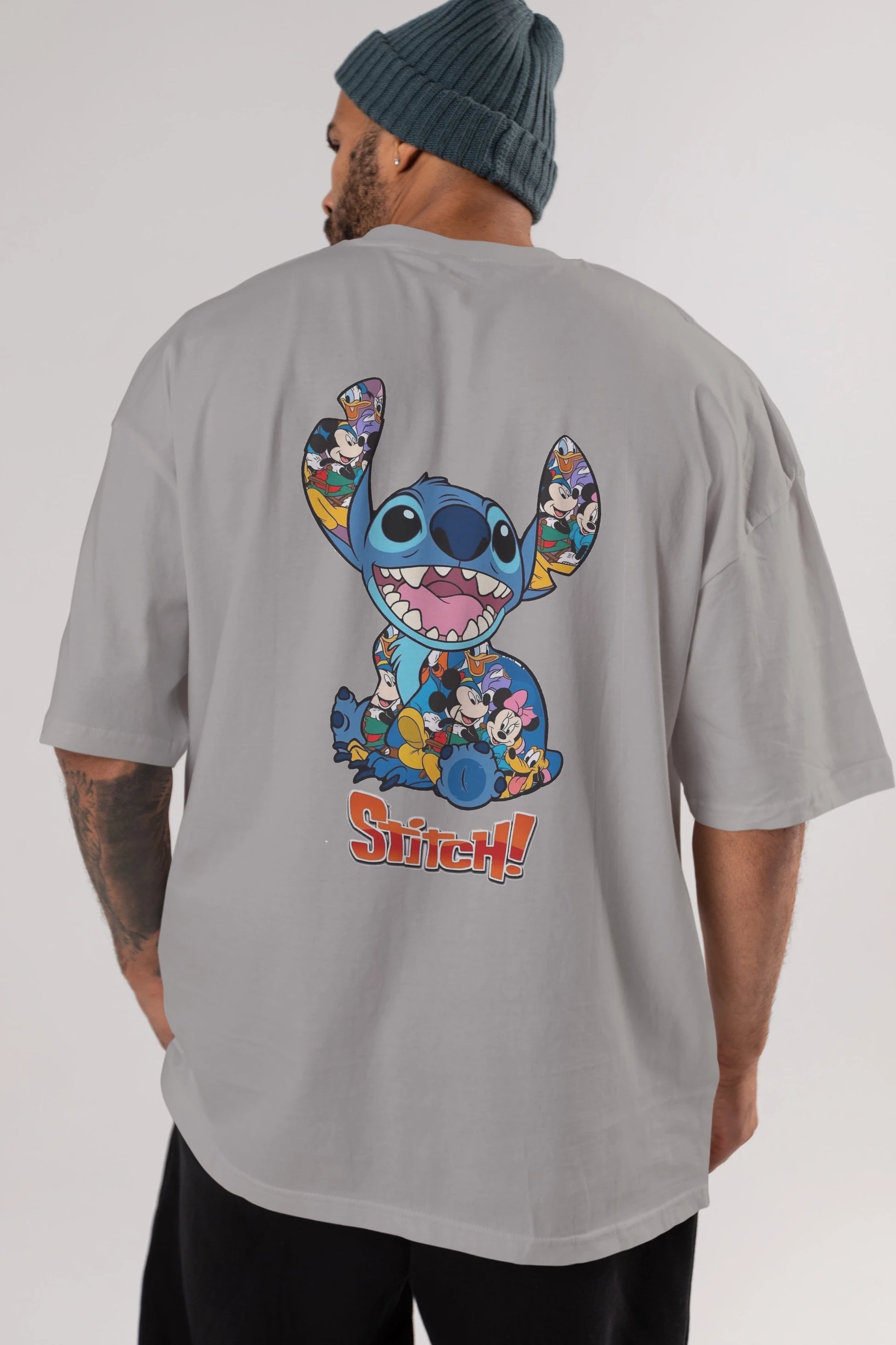 Stitch Arka Baskılı Oversize t-shirt Erkek Kadın Unisex %100 Pamuk Bisiklet Yaka tişort