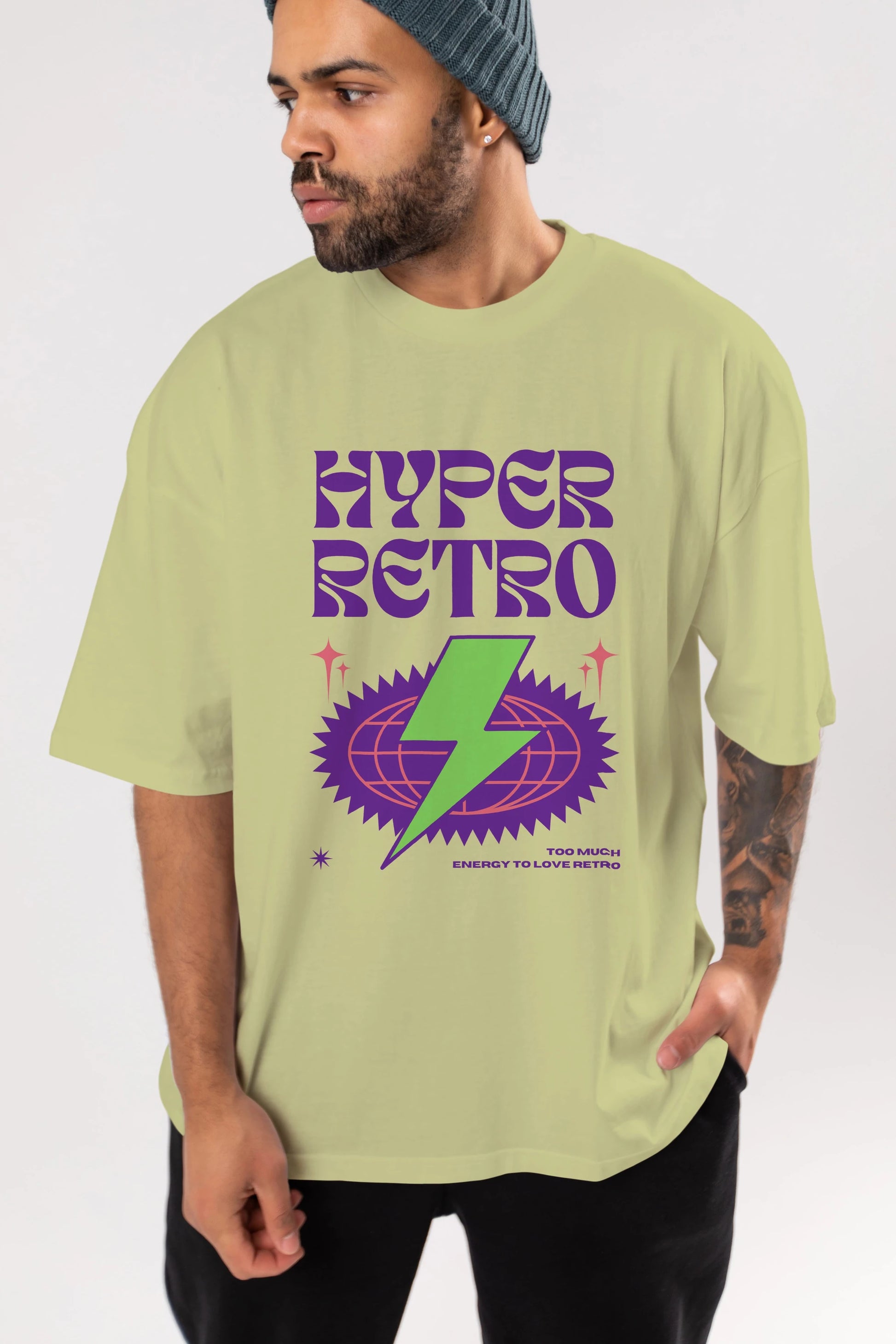 Hyper Retro Yazılı Ön Baskılı Oversize t-shirt Erkek Kadın Unisex