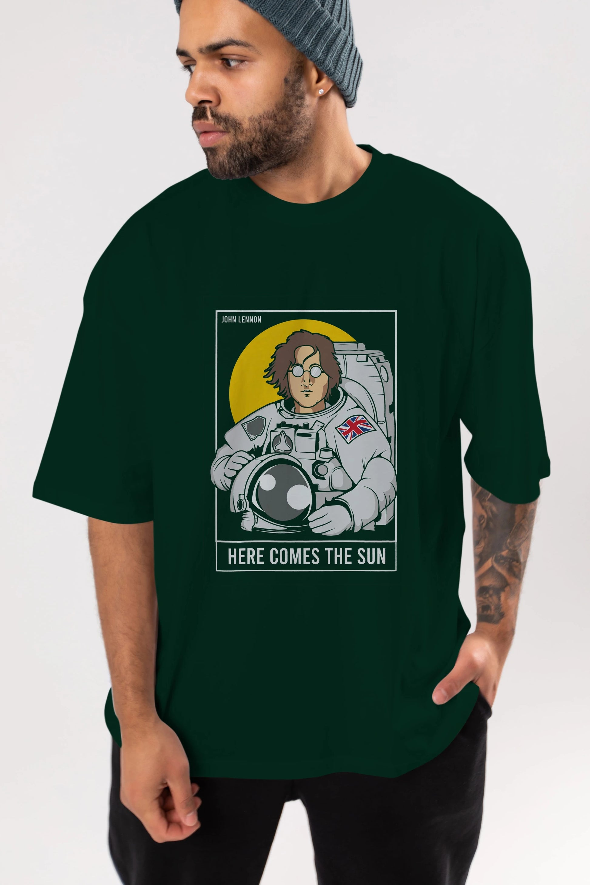 John Lennon Astronot Ön Baskılı Oversize t-shirt Erkek Kadın Unisex %100 Pamuk tişort