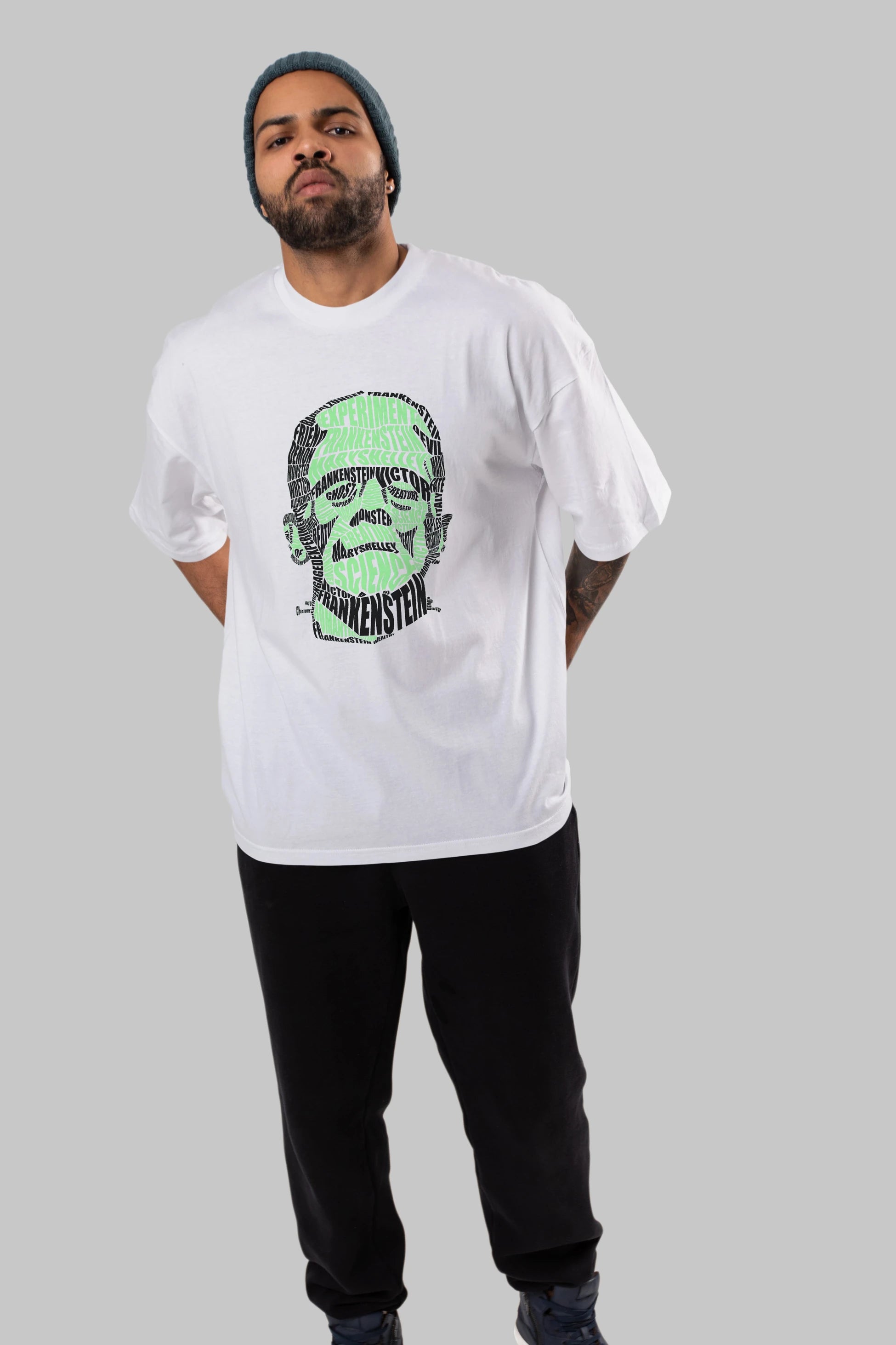 Frankenstein Calligram Ön Baskılı Oversize t-shirt %100 pamuk Erkek Kadın Unisex