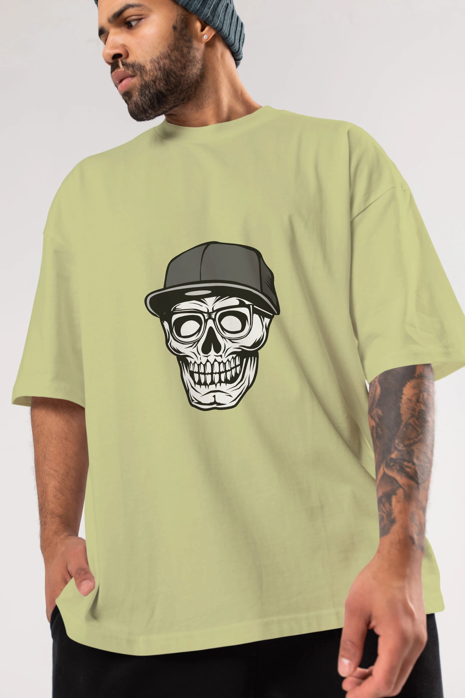 Skull With Hat Ön Baskılı Oversize t-shirt Erkek Kadın Unisex %100 Pamuk tişort