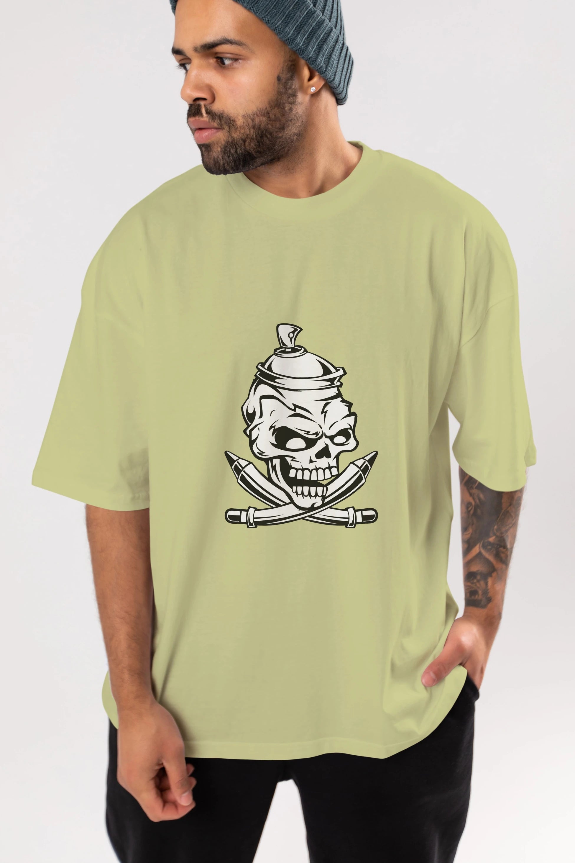 Skull Grafity Ön Baskılı Oversize t-shirt Erkek Kadın Unisex %100 Pamuk tişort