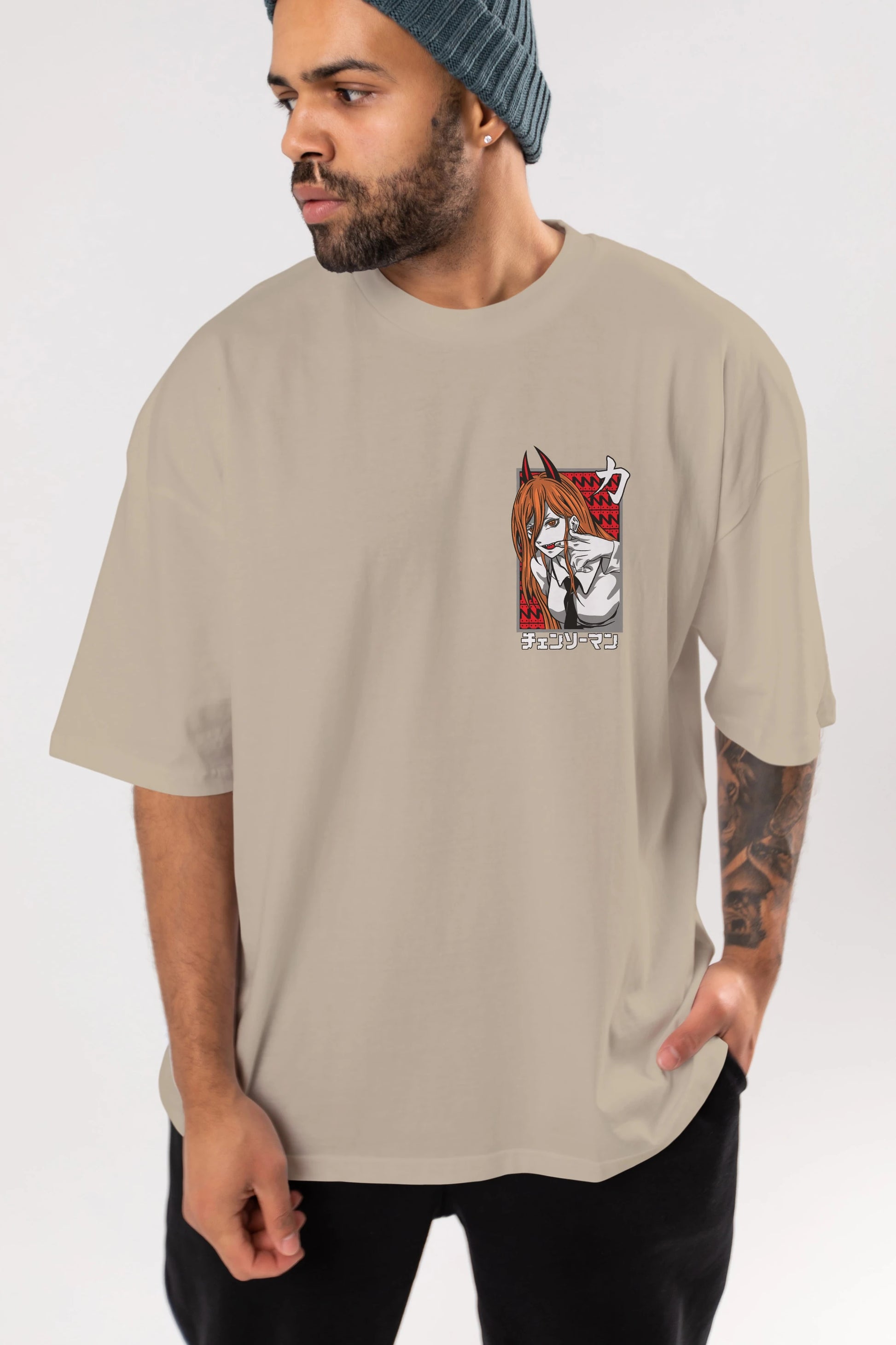 CHAINSAWMAN POWER Ön Sol Baskılı Oversize t-shirt Erkek Kadın Unisex %100 Pamuk Bisiklet Yaka tişort