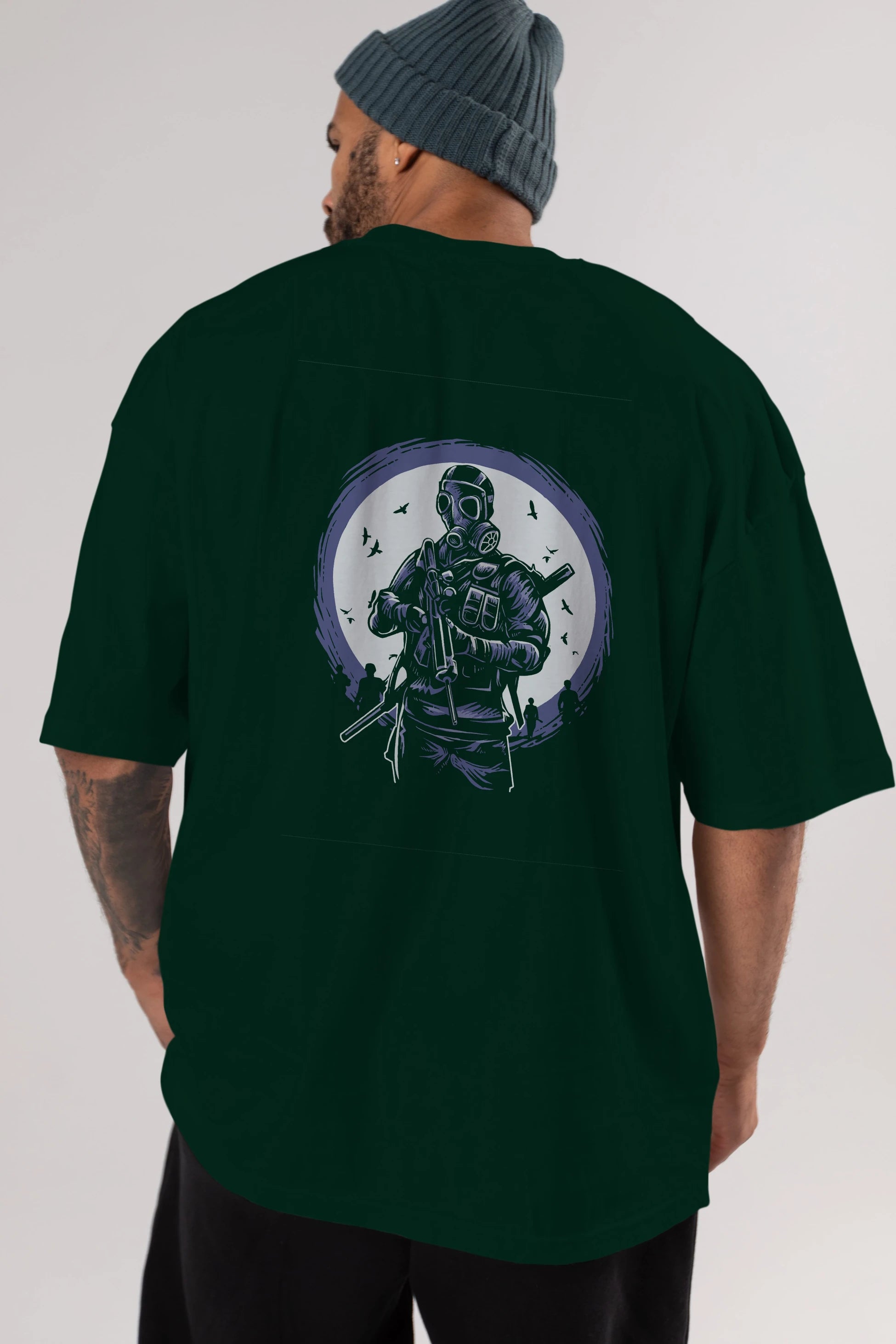 Gas Mask Soldier Arka Baskılı Oversize t-shirt Erkek Kadın Unisex %100 Pamuk