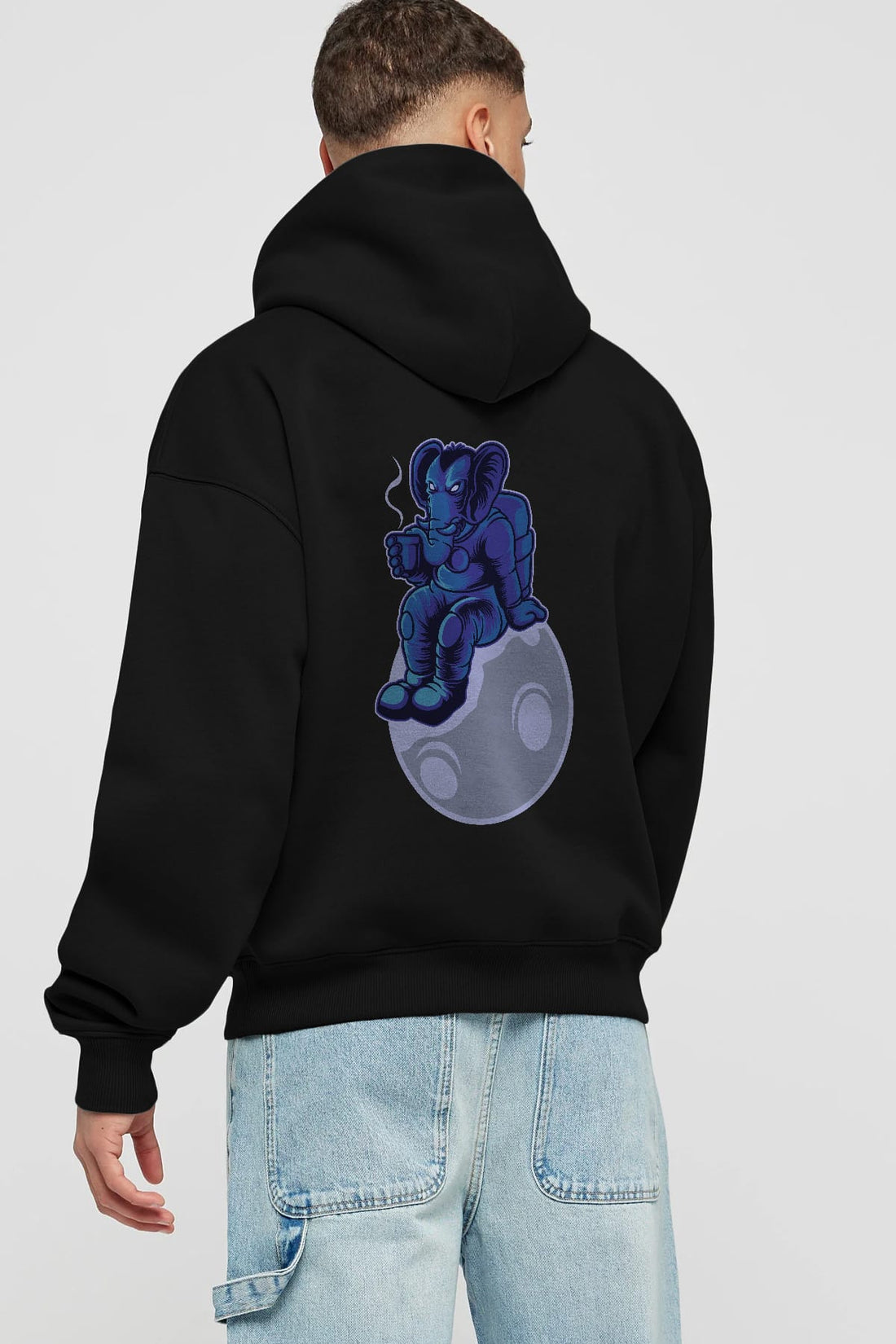 Space Elephant Drink Coffee Arka Baskılı Hoodie Oversize Kapüşonlu Sweatshirt Erkek Kadın Unisex