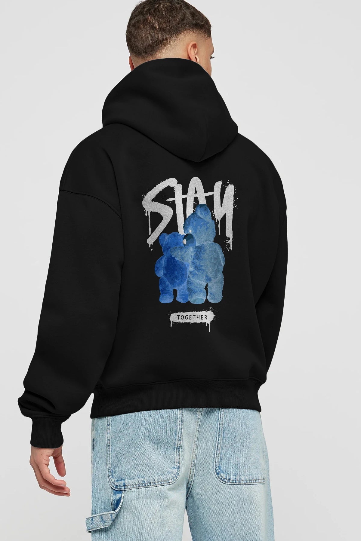 Stay Together Bear Arka Baskılı Hoodie Oversize Kapüşonlu Sweatshirt Erkek Kadın Unisex