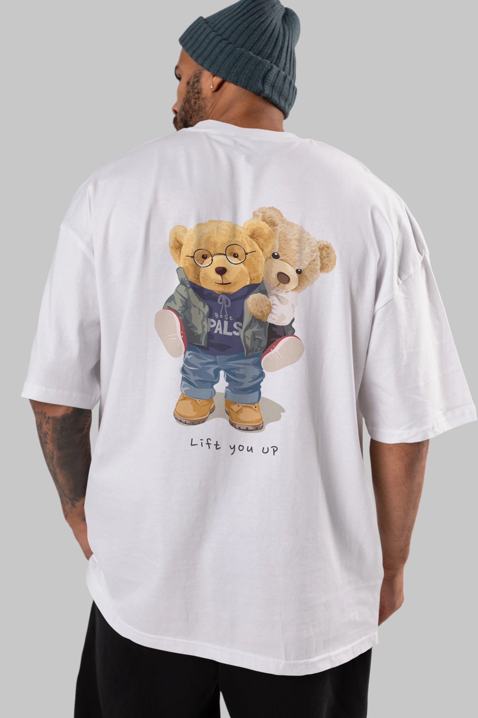 Teddy Bear Lift You Up Arka Baskılı Oversize t-shirt Erkek Kadın Unisex %100 Pamuk