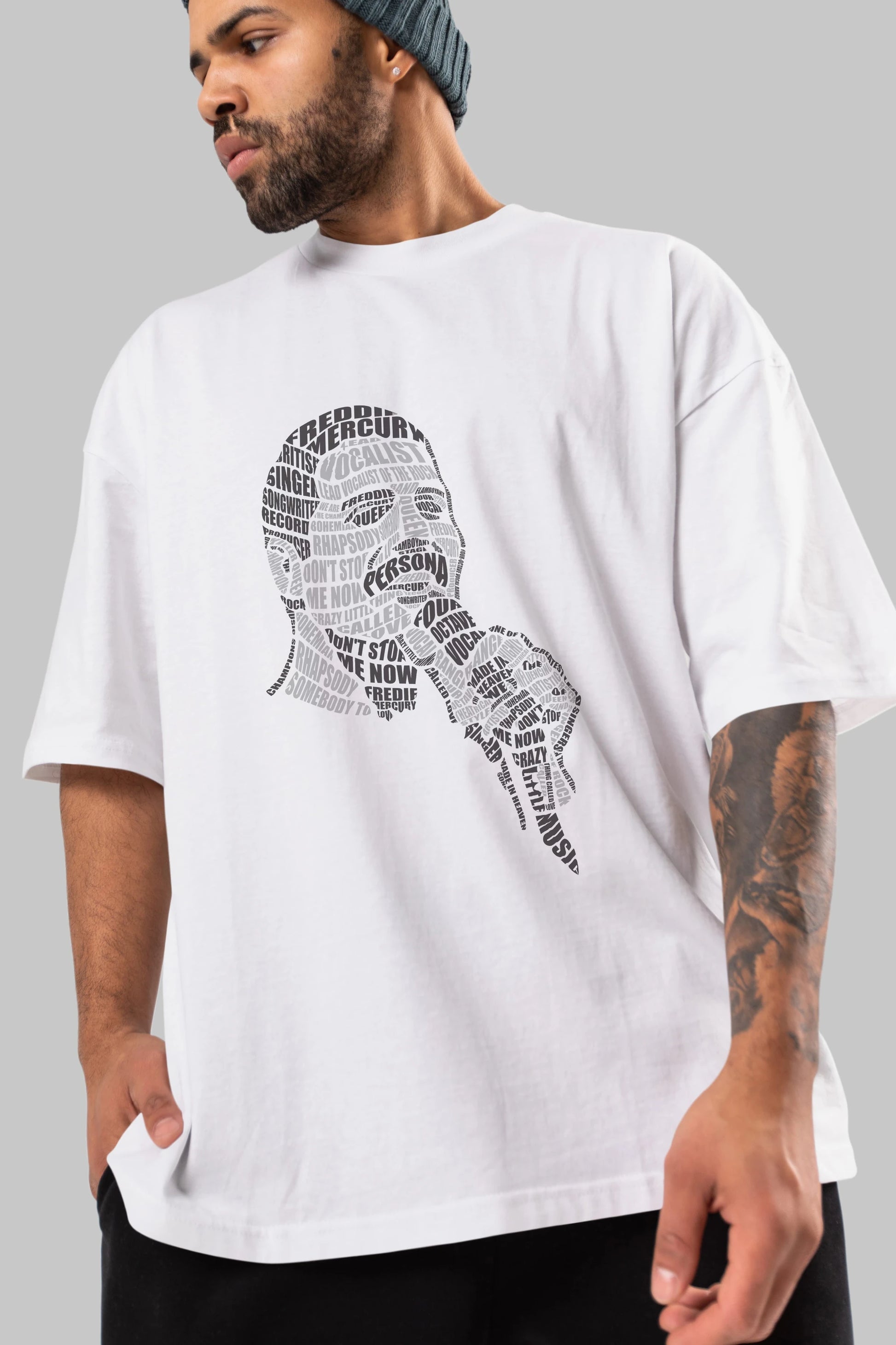 Freddy Mercuri Calligram Ön Baskılı Oversize t-shirt %100 pamuk Erkek Kadın Unisex