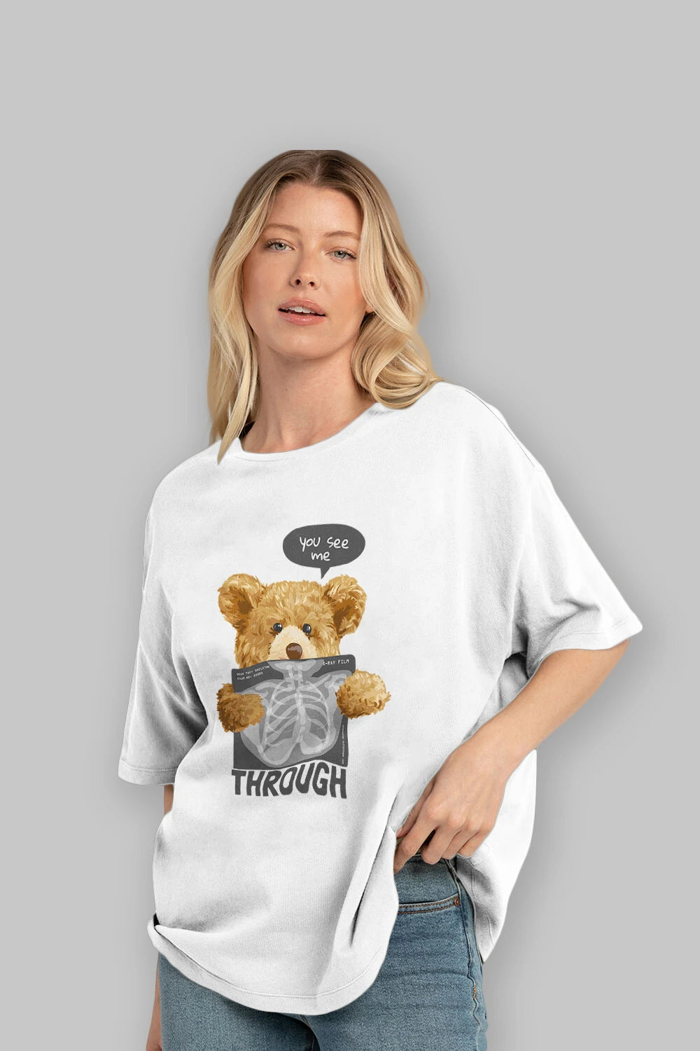 Teddy Bear Trough Ön Baskılı Oversize t-shirt Erkek Kadın Unisex %100 Pamuk
