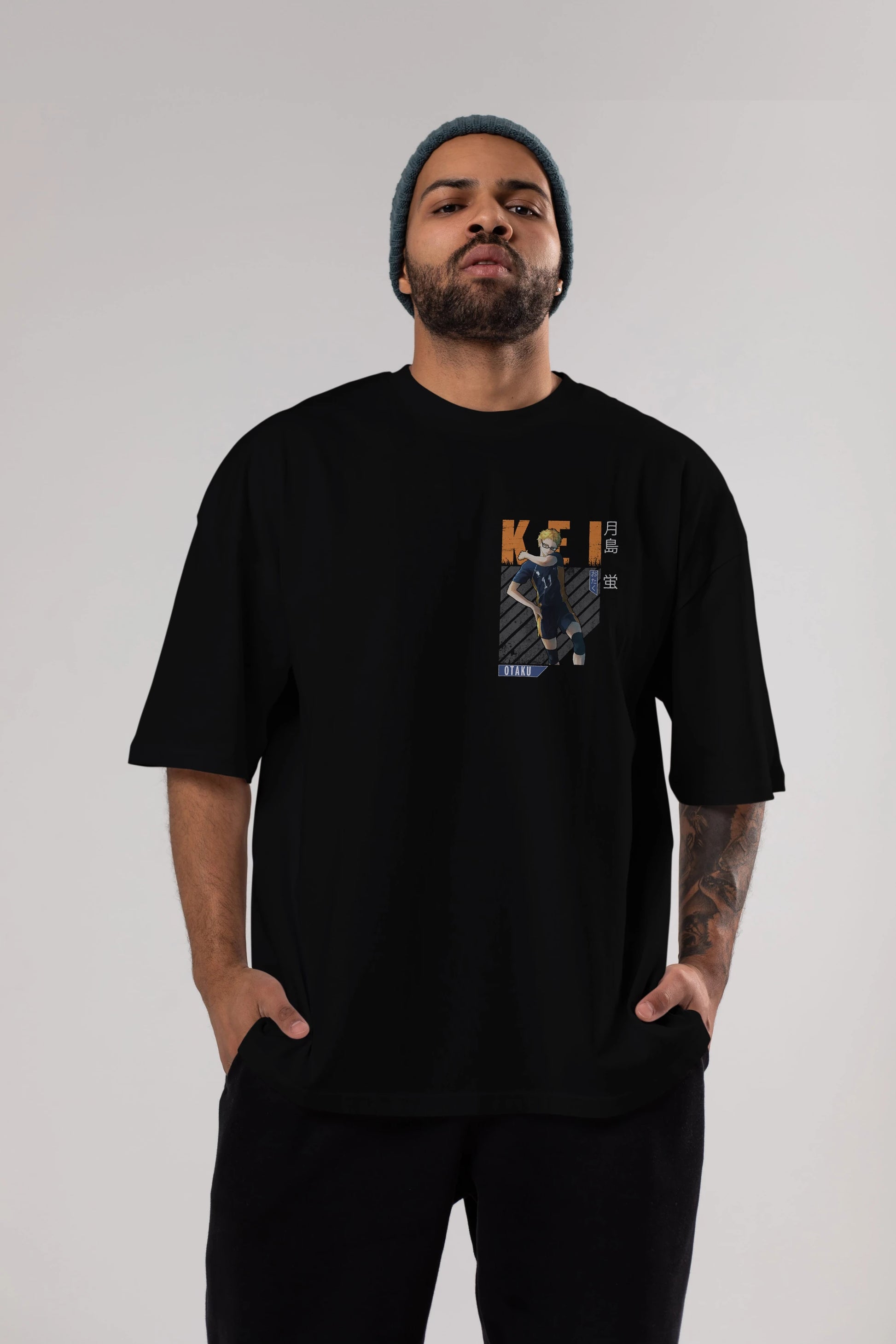 Kei Tsukishima 2 Ön Sol Baskılı Oversize t-shirt Erkek Kadın Unisex %100 Pamuk Bisiklet Yaka tişort