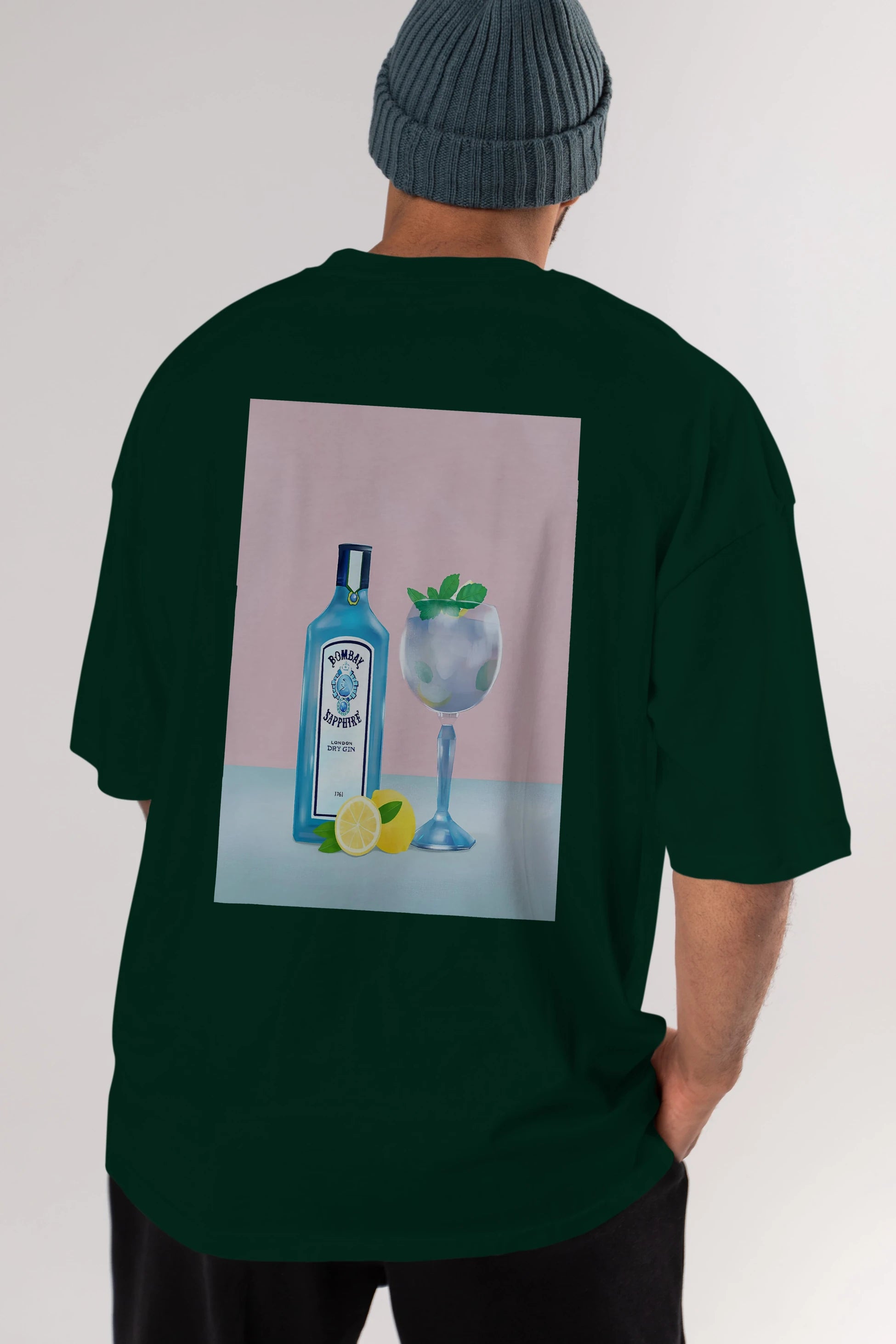 Bombay Sapphire Dry Gin Arka Baskılı Oversize t-shirt Erkek Kadın Unisex %100 Pamuk Bisiklet Yaka tişort