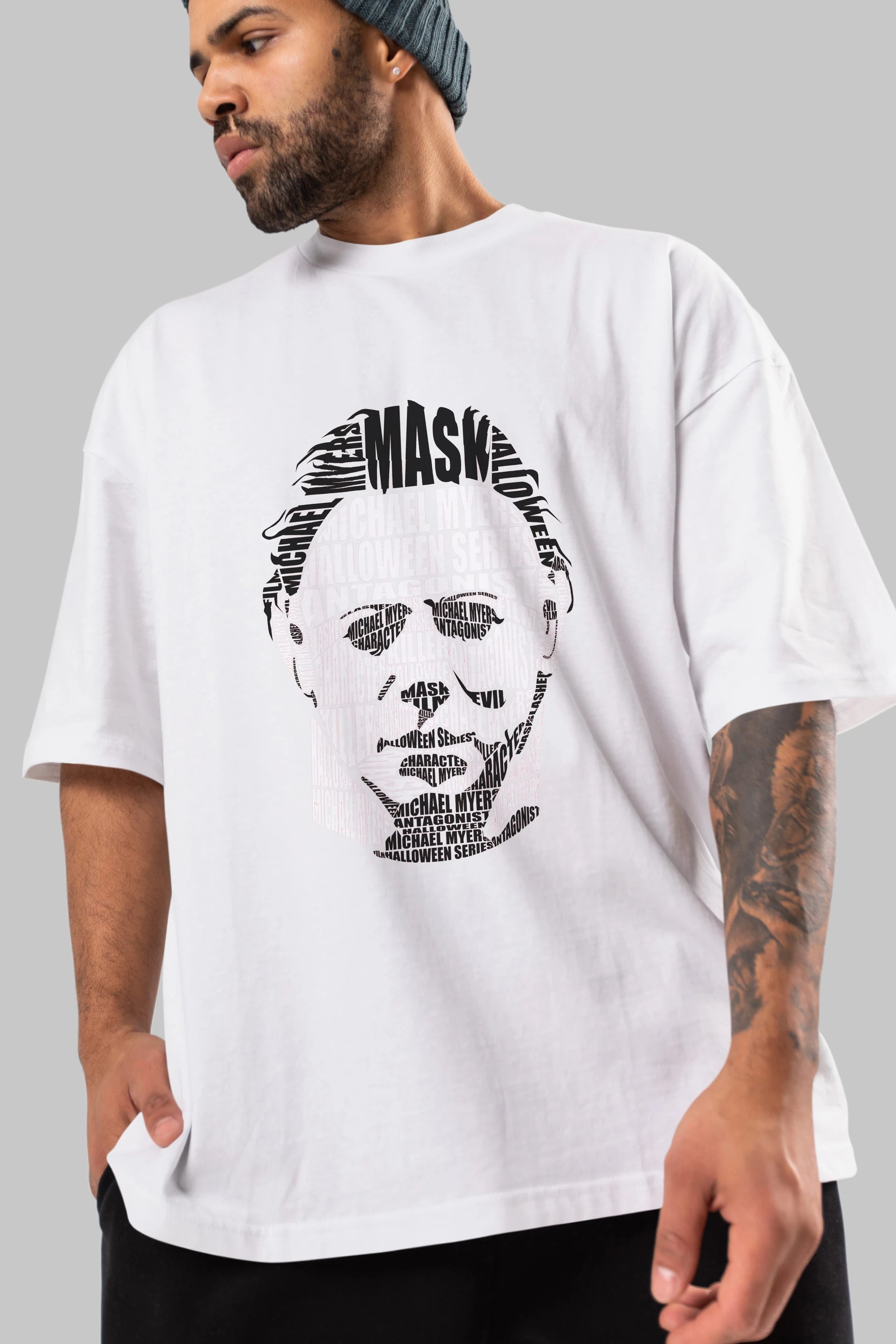 Michael Myers Calligram Ön Baskılı Oversize t-shirt %100 pamuk Erkek Kadın Unisex
