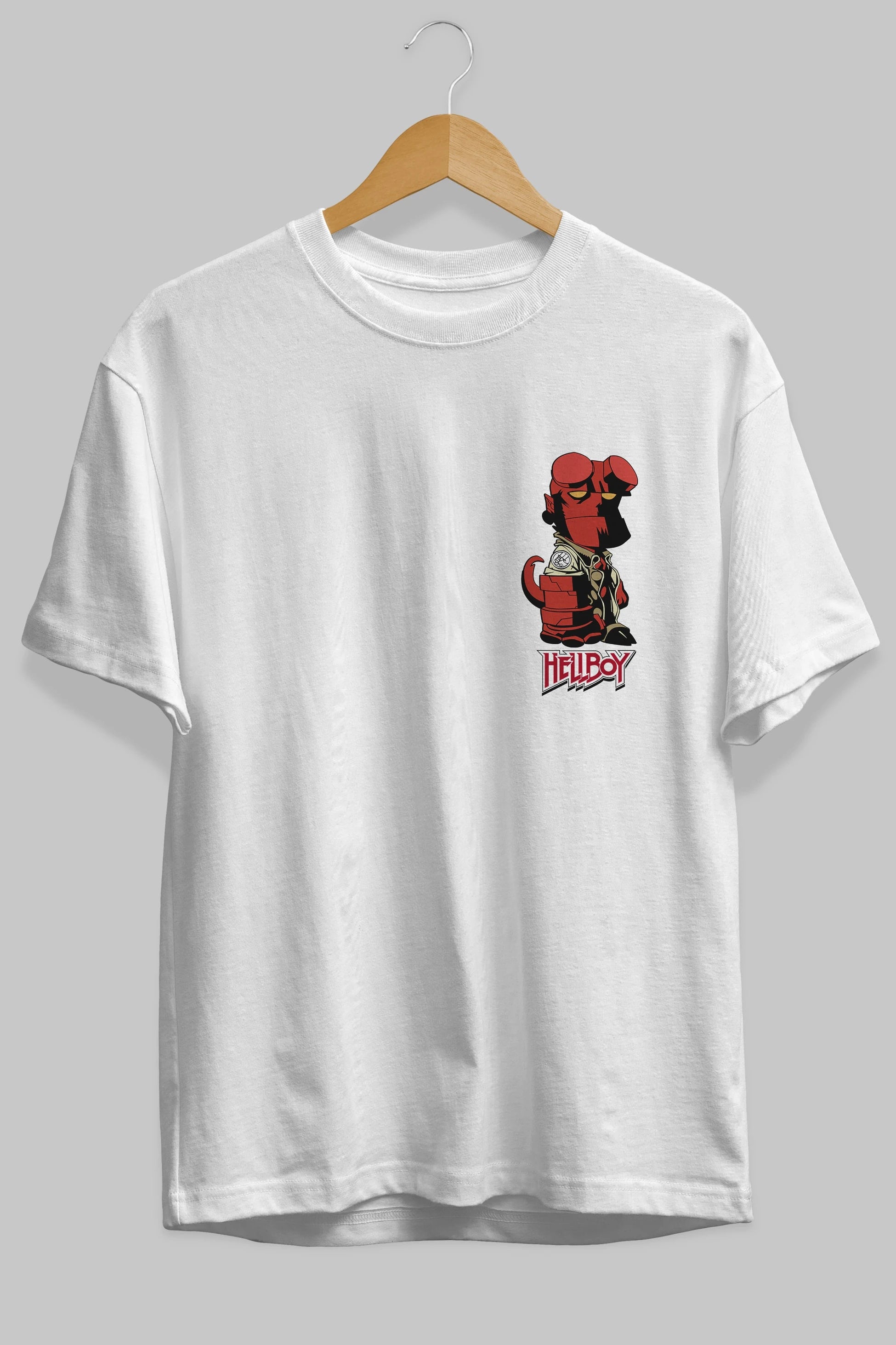 Hellboy (1) Ön Sol Baskılı Oversize t-shirt Erkek Kadın Unisex %100 Pamuk Bisiklet Yaka tişort