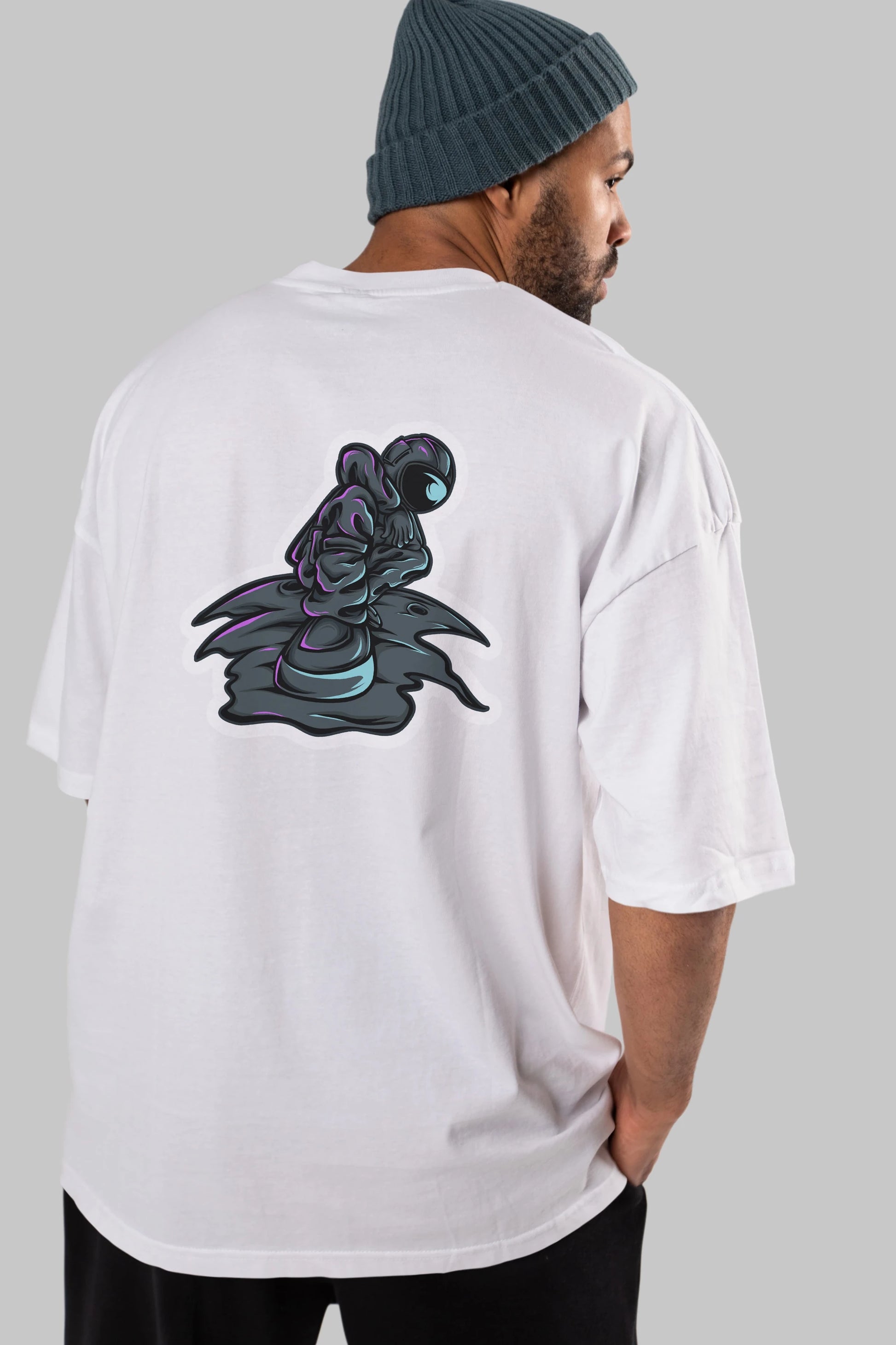 Stylish Astronaut Sticker Arka Baskılı Oversize t-shirt Erkek Kadın Unisex