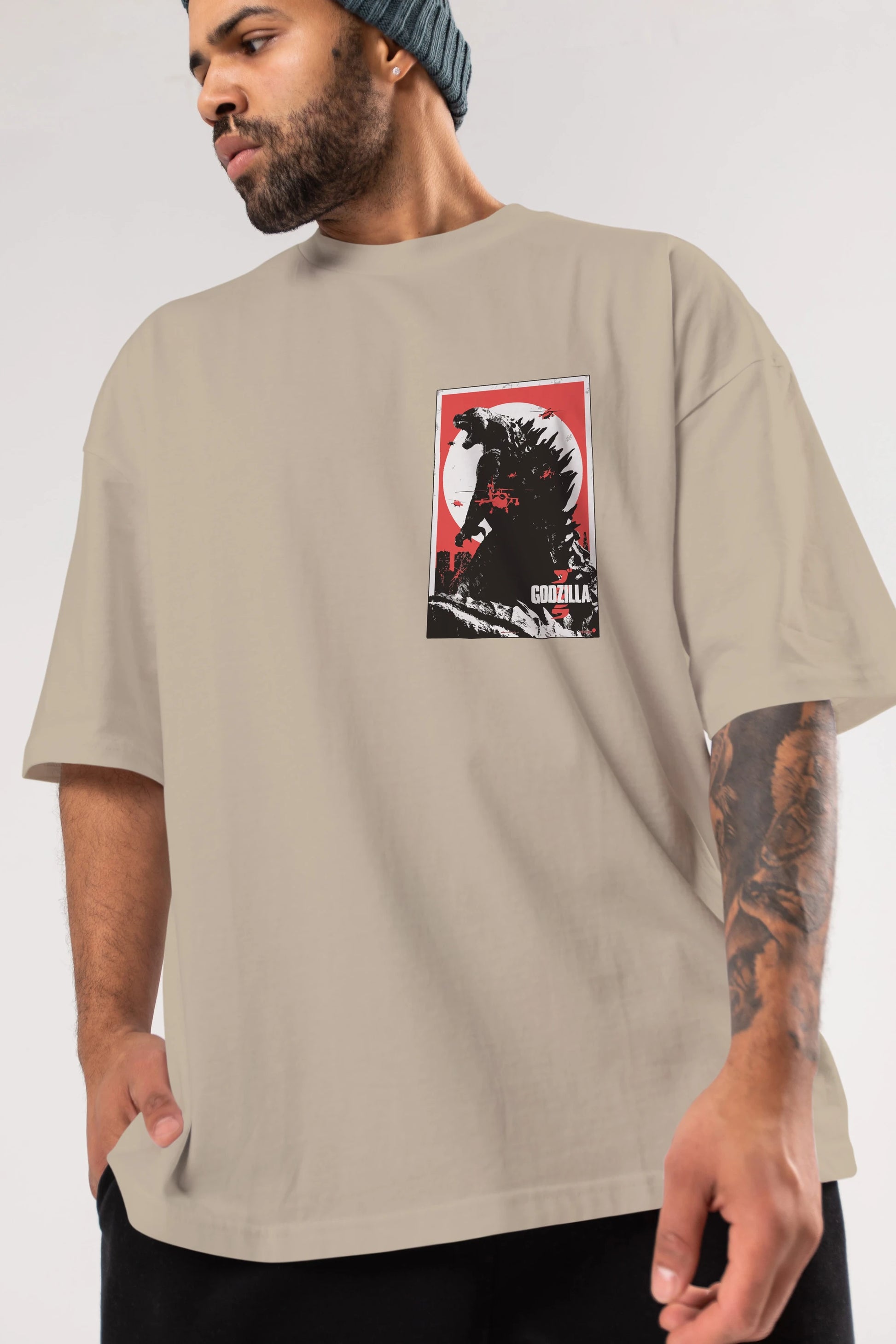 Godzilla (2) Ön Sol Baskılı Oversize t-shirt Erkek Kadın Unisex %100 Pamuk Bisiklet Yaka tişort