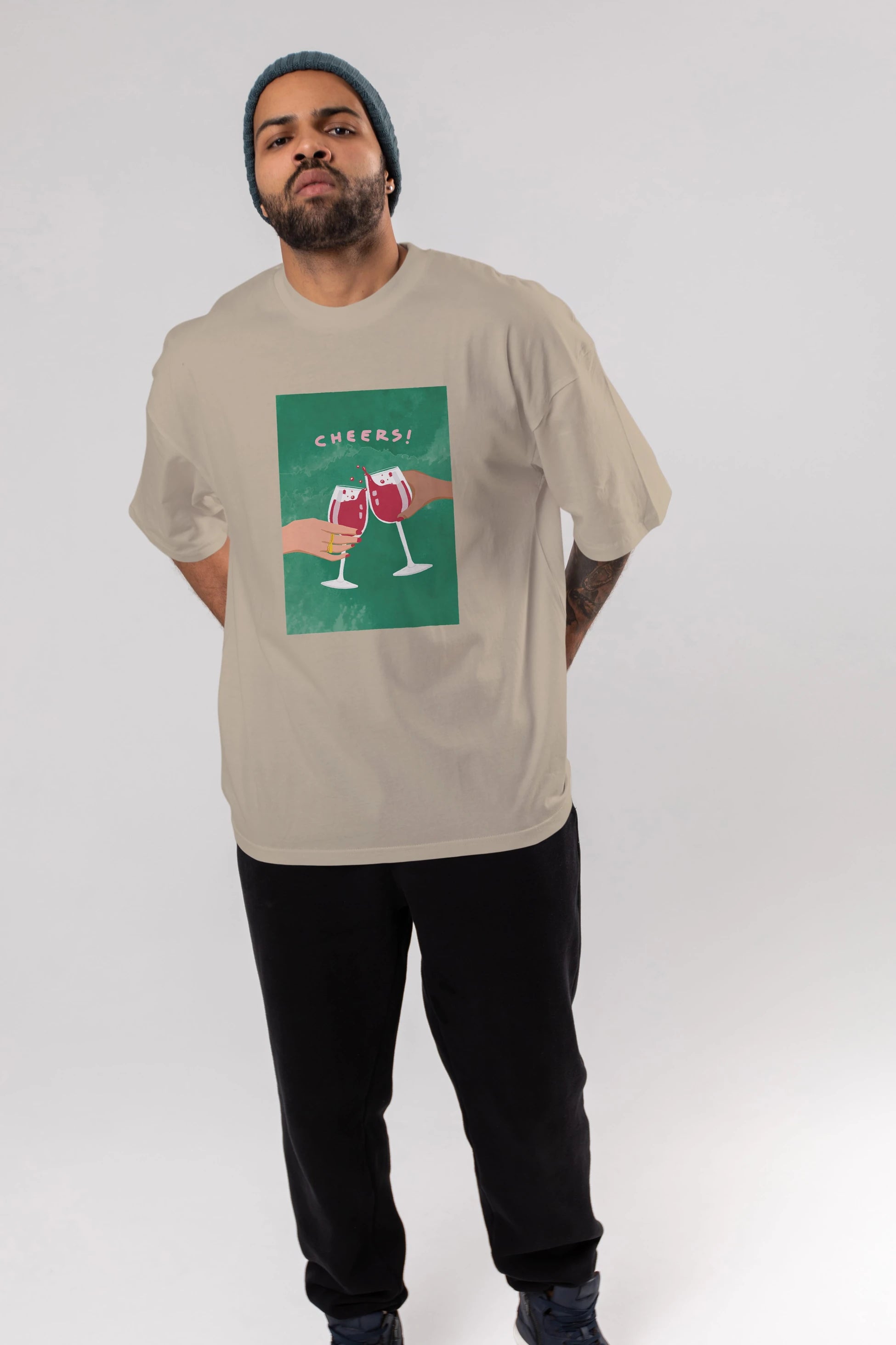 Cheers Ön Baskılı Oversize t-shirt Erkek Kadın Unisex %100 Pamuk Bisiklet Yaka tişort