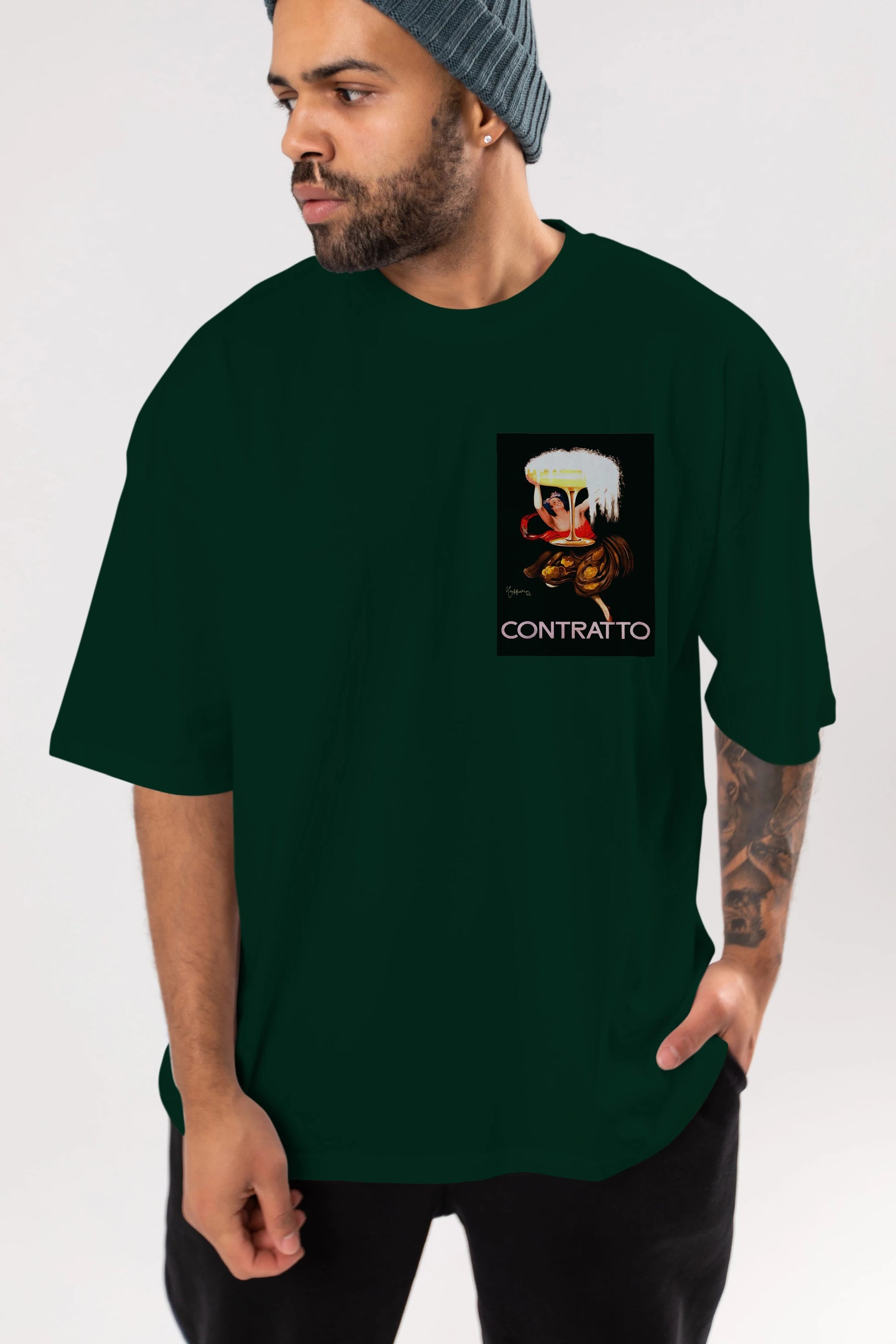Contratto Ön Sol Baskılı Oversize t-shirt Erkek Kadın Unisex %100 Pamuk Bisiklet Yaka tişort