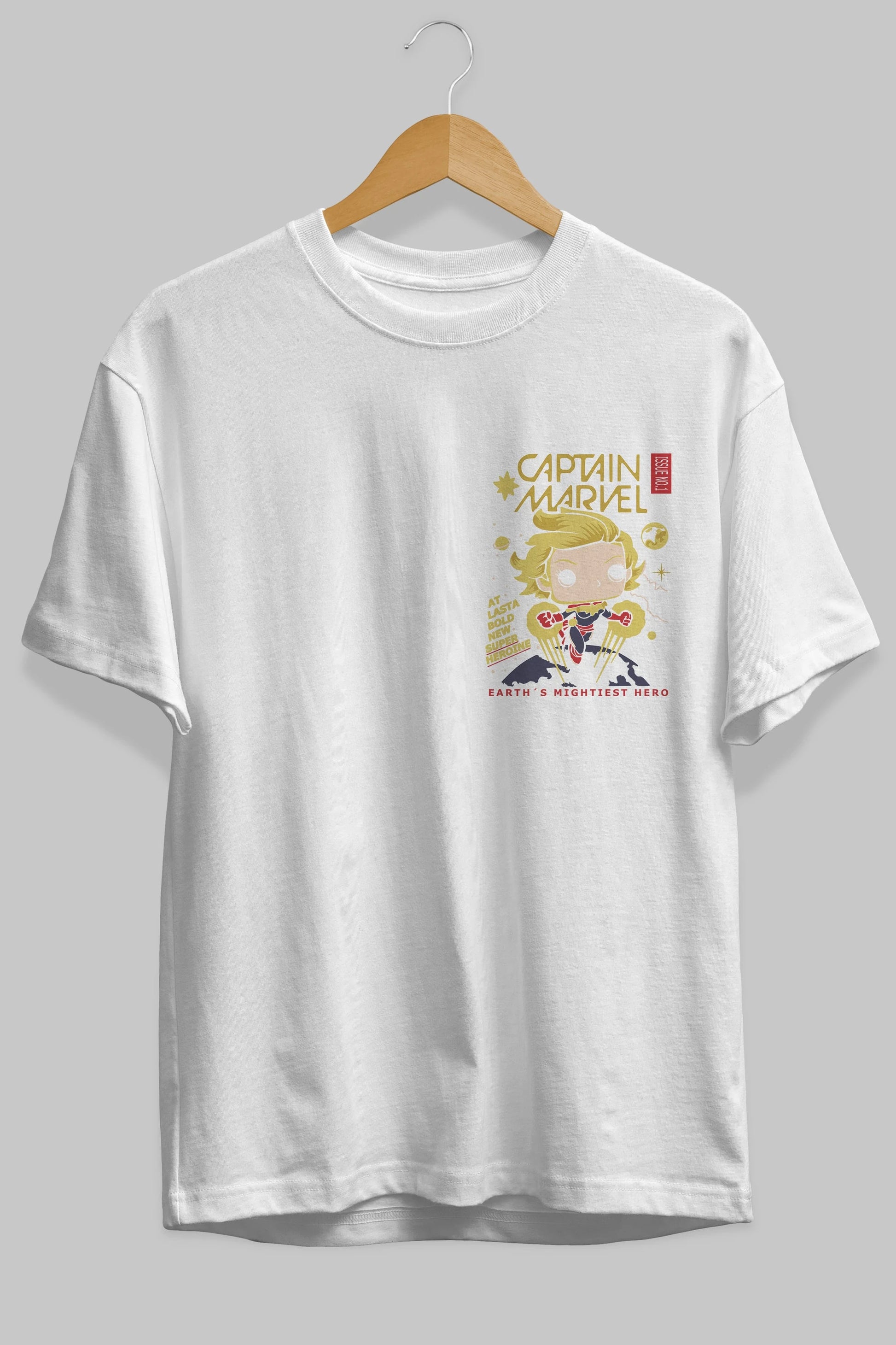 Captain Marvel Ön Sol Baskılı Oversize t-shirt Erkek Kadın Unisex %100 Pamuk Bisiklet Yaka tişort