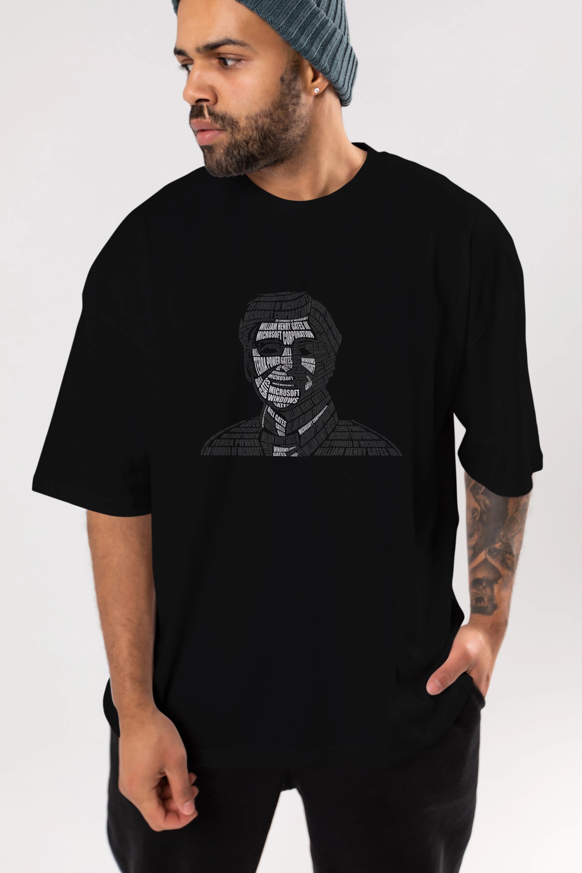Bill Gates Calligram Ön Baskılı Oversize t-shirt %100 pamuk Erkek Kadın Unisex
