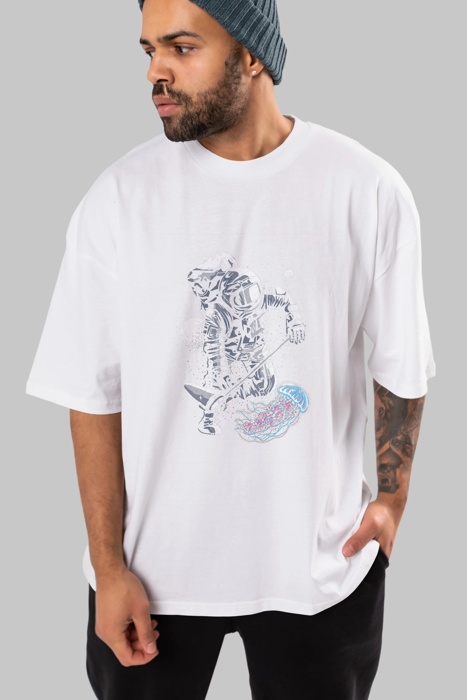 Astronaut Jellyfish Ön Baskılı Oversize t-shirt Erkek Kadın Unisex %100 Pamuk tişort