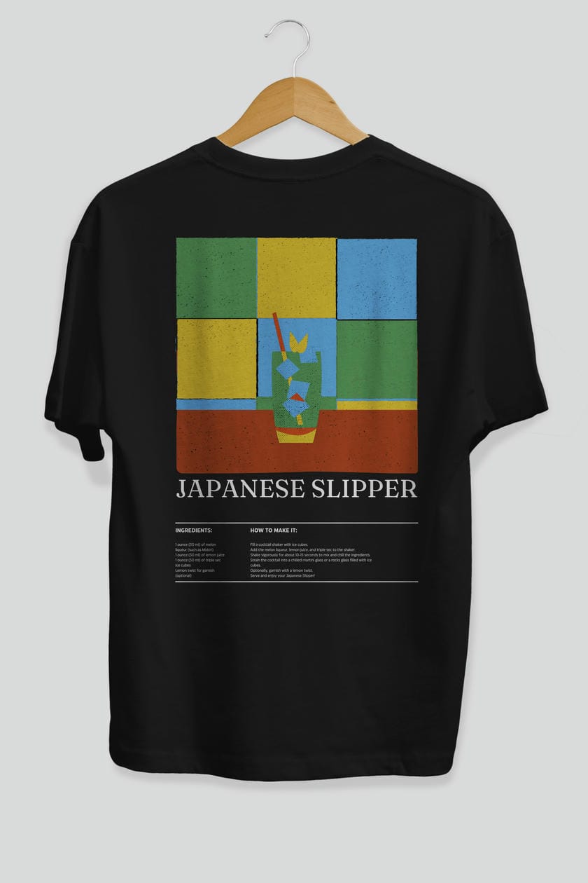 Japanese Slipper Kokteyl Serisi Arka Baskılı Oversize t-shirt Erkek Kadın %100 Pamuk Bisiklet Yaka tişort