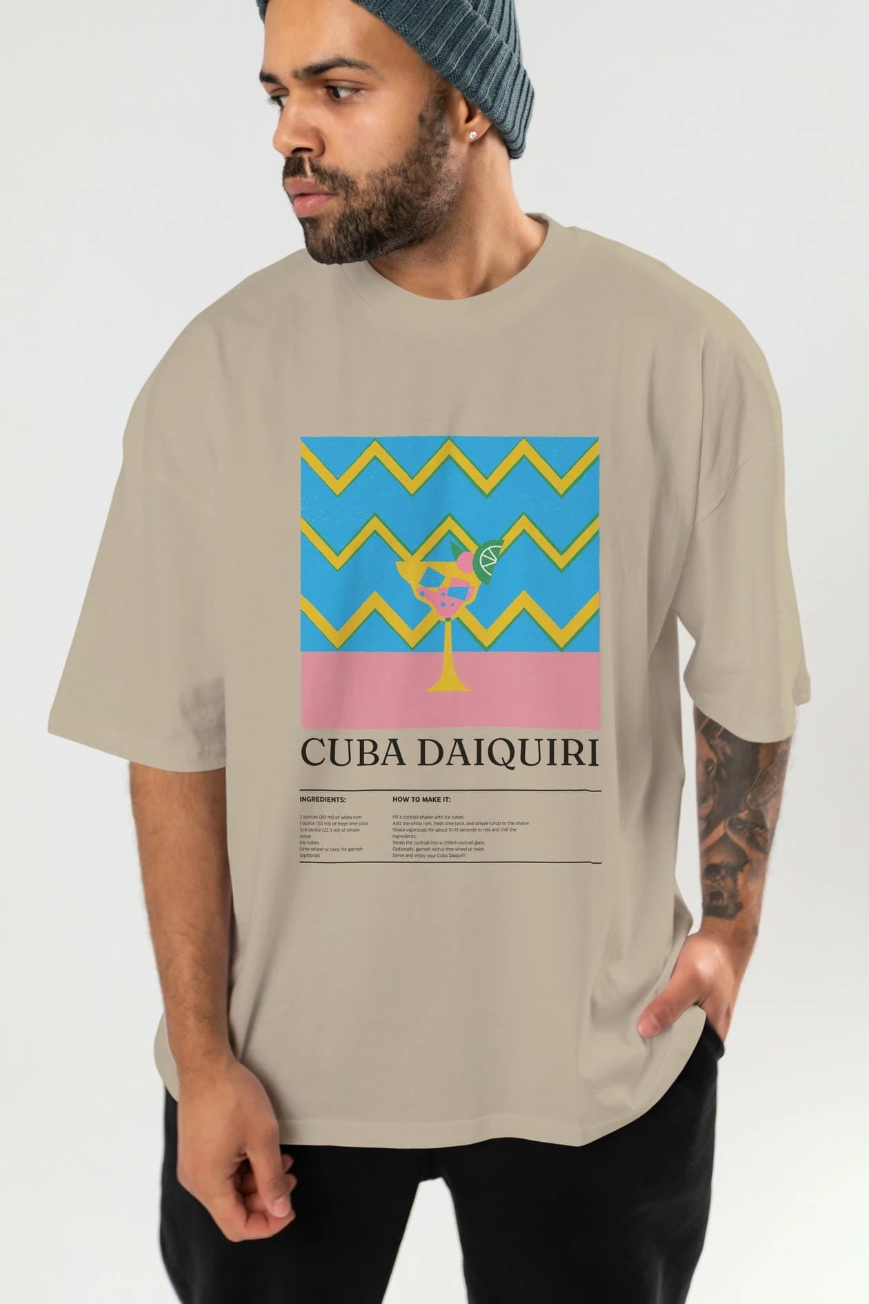 Cuba Daiquiri Kokteyl Ön Baskılı Oversize t-shirt Erkek Kadın %100 Pamuk Bisiklet Yaka tişort
