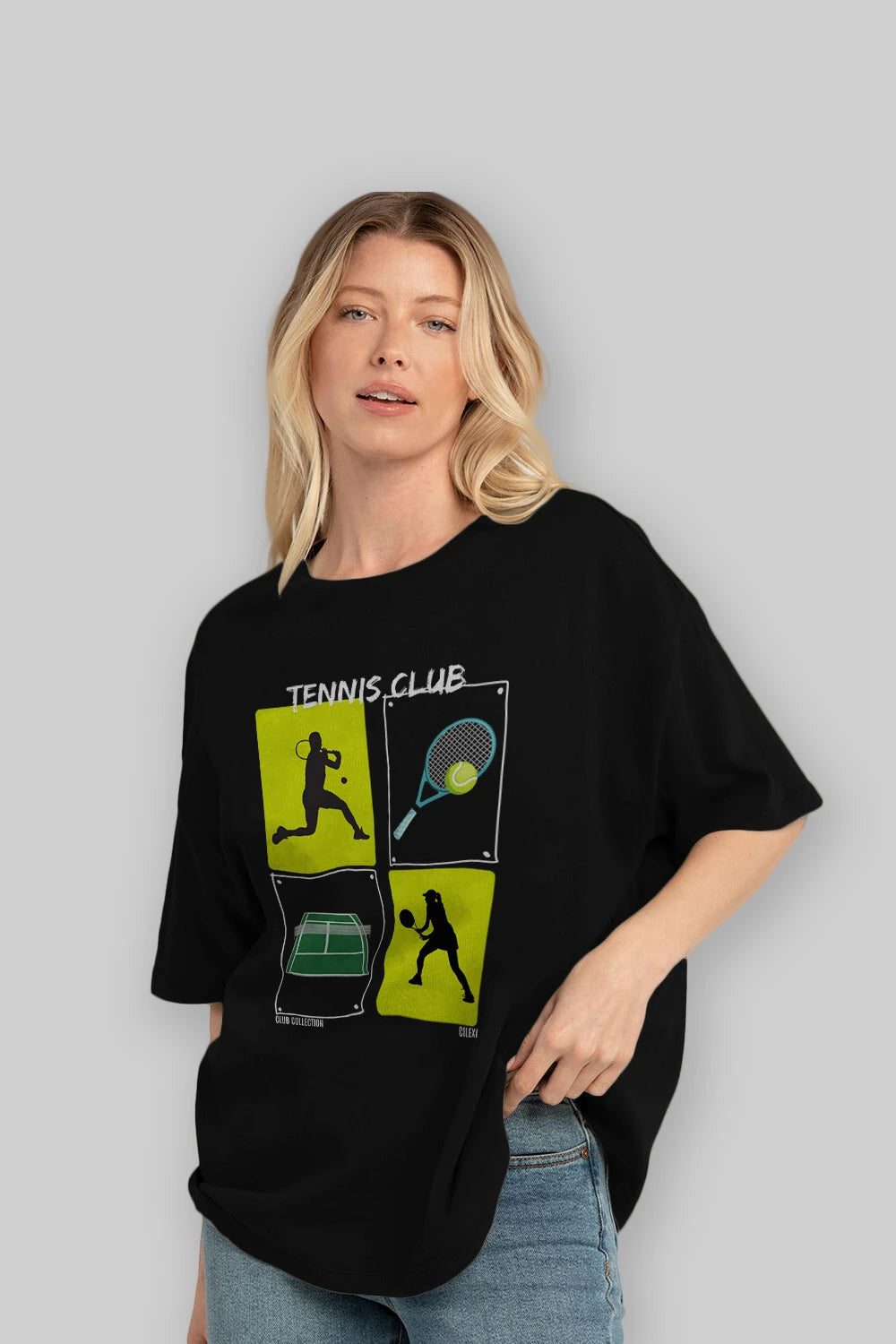Tennis Club ön Baskılı Oversize t-shirt Erkek Kadın %100 Pamuk Bisiklet Yaka tişort