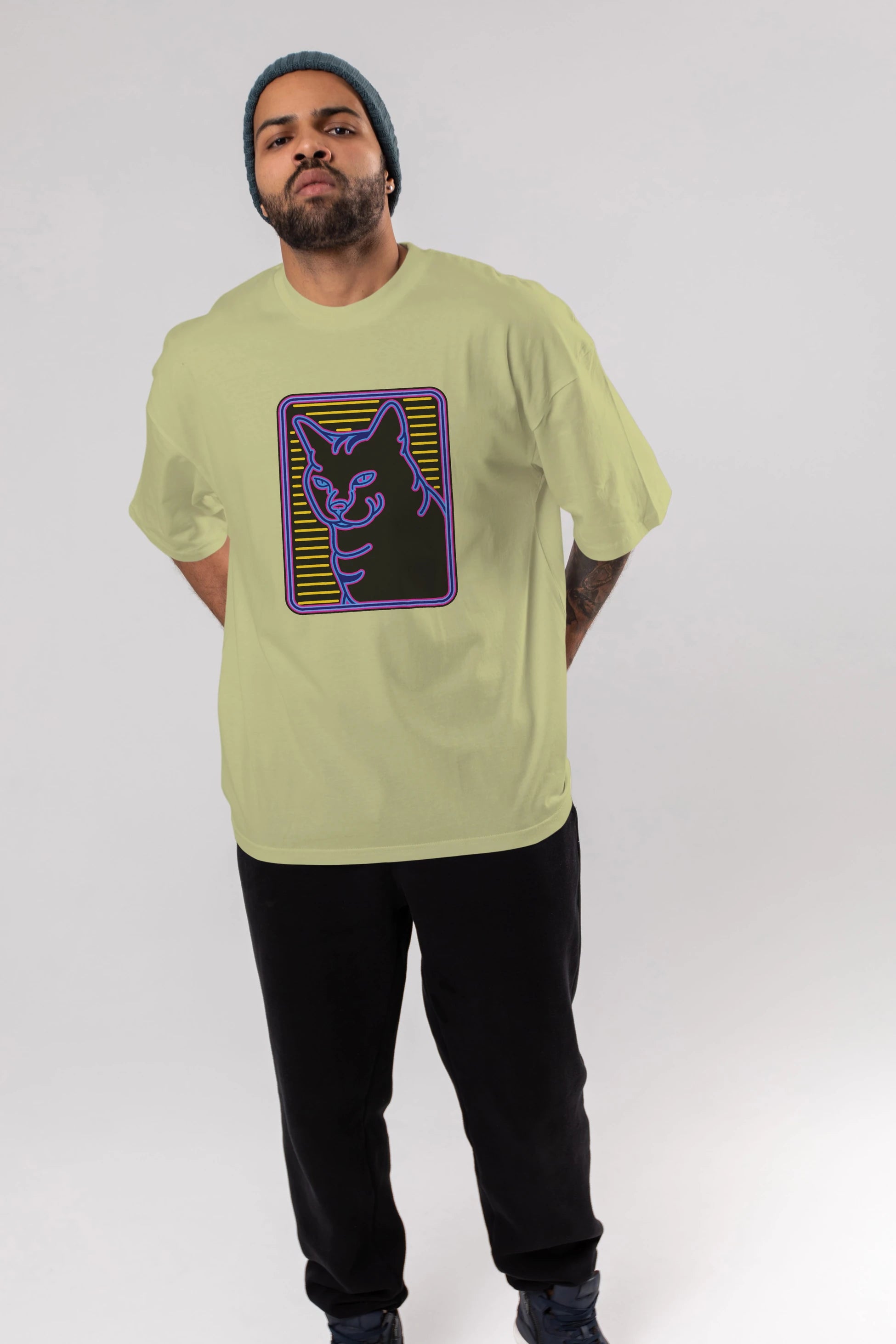 Neon Cat Ön Baskılı Oversize t-shirt Erkek Kadın Unisex