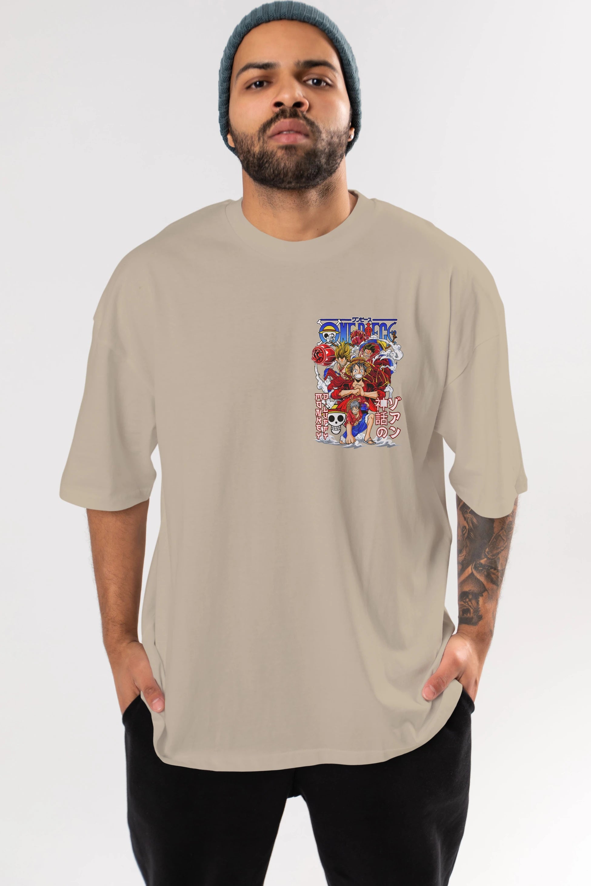 MONKEY D. LUFF-ONE PIECE 2 Ön Sol Baskılı Oversize t-shirt Erkek Kadın Unisex %100 Pamuk Bisiklet Yaka tişort