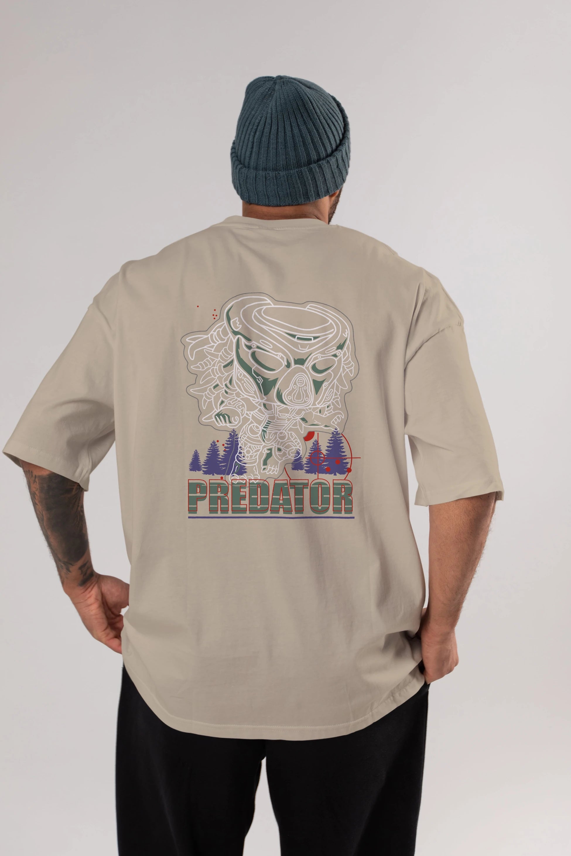 Predator Arka Baskılı Oversize t-shirt Erkek Kadın Unisex %100 Pamuk Bisiklet Yaka tişort