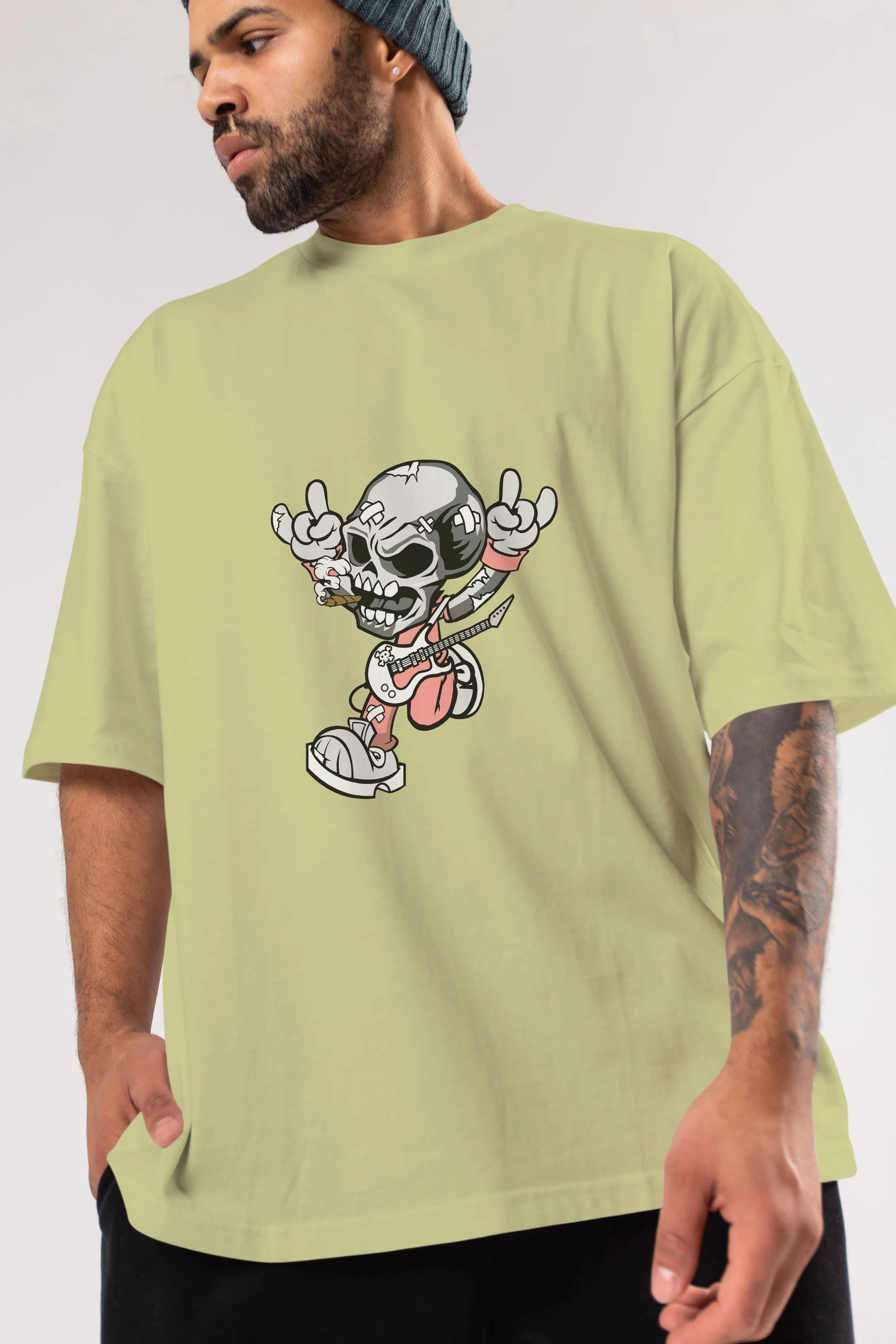 Skull Metal Sign Ön Baskılı Oversize t-shirt Erkek Kadın Unisex %100 Pamuk tişort