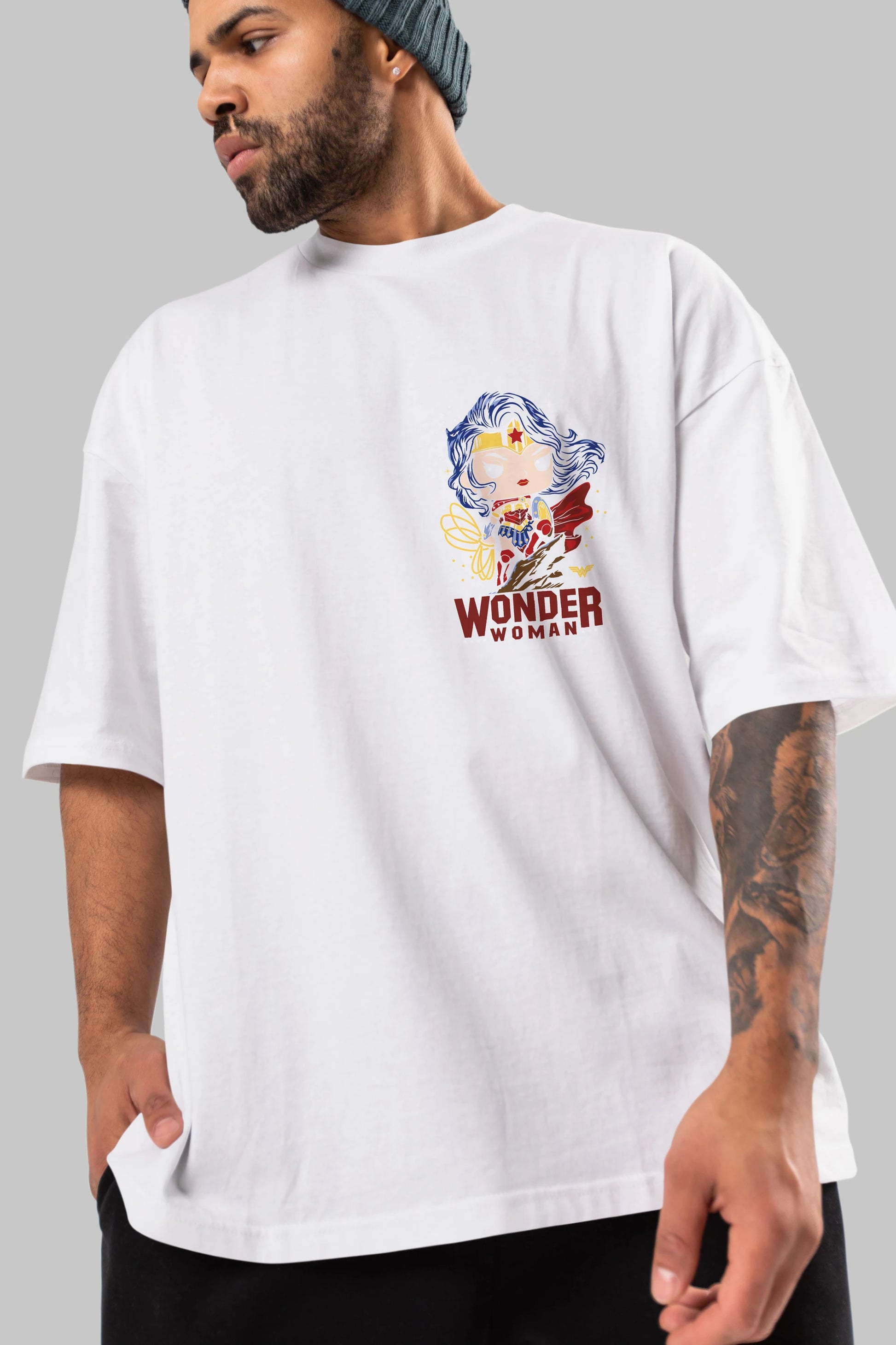 Wonder Woman (2) Ön Sol Baskılı Oversize t-shirt Erkek Kadın Unisex %100 Pamuk Bisiklet Yaka tişort