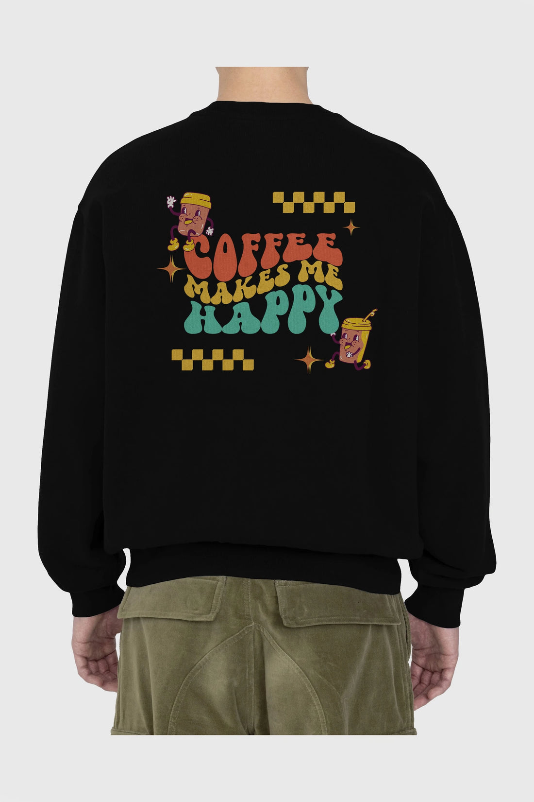 Coffee Makes Me Happy Yazılı Arka Baskılı Oversize Sweatshirt Erkek Kadın Unisex