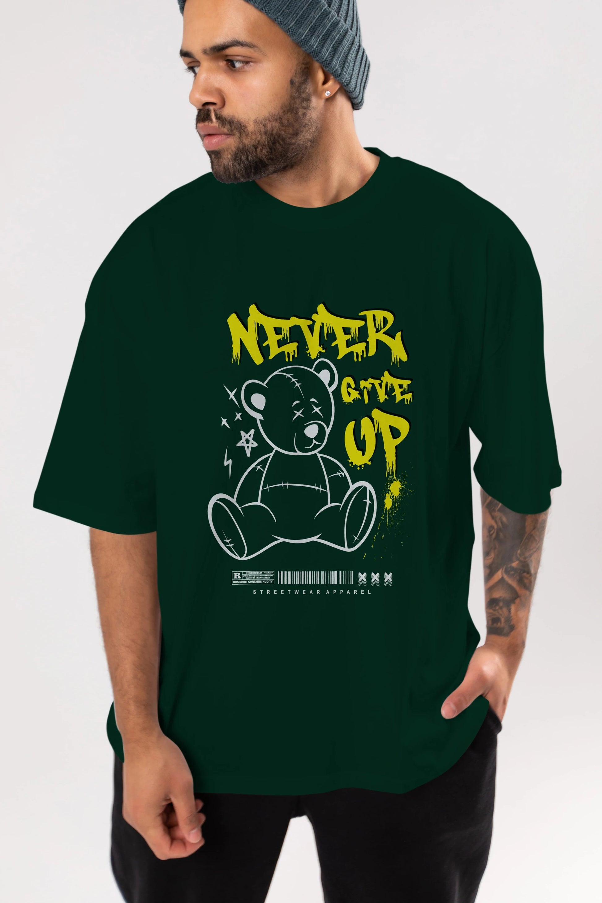 Teddy Bear Never Give Up Ön Baskılı Oversize t-shirt Erkek Kadın Unisex