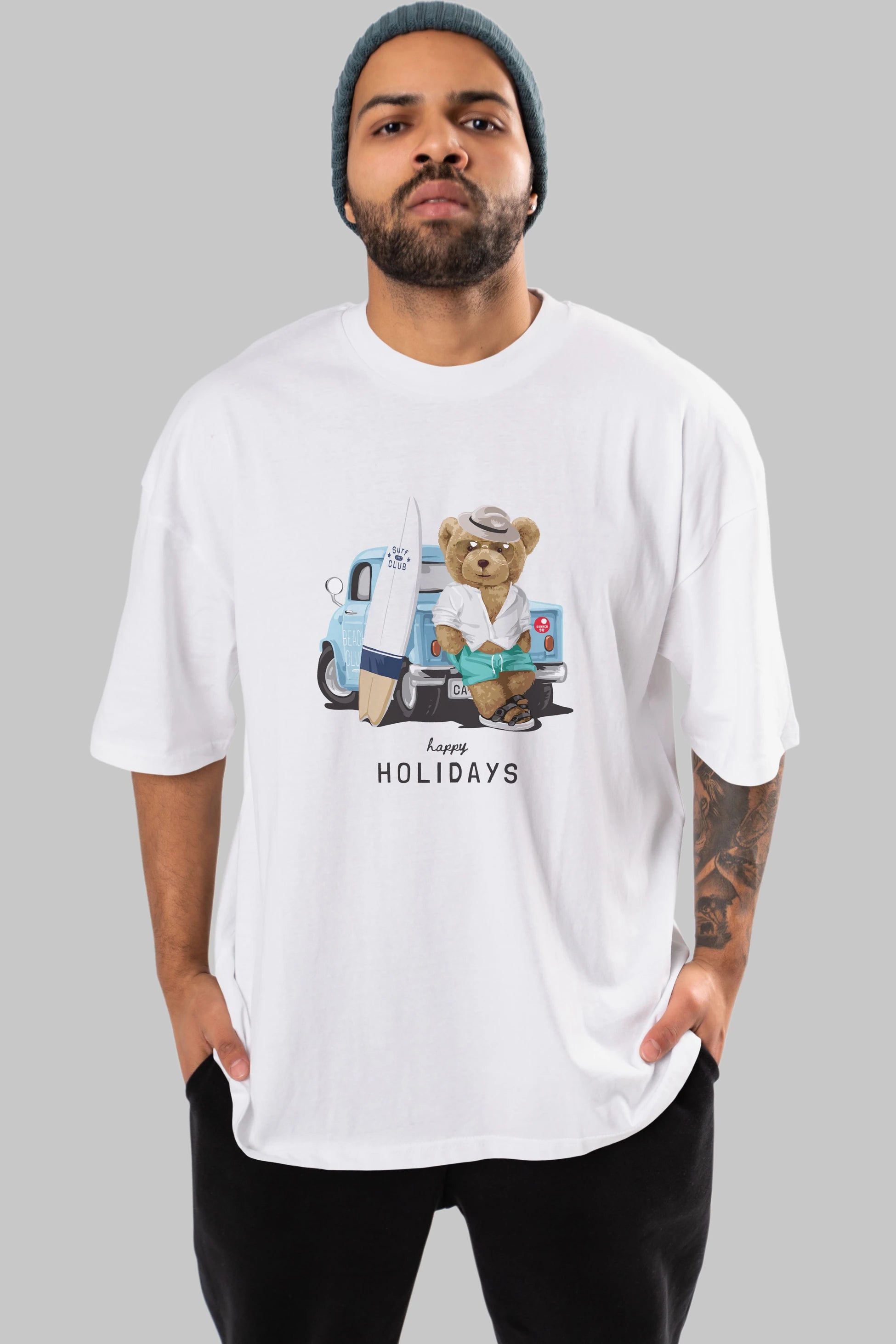 Teddy Bear Surf Club Ön Baskılı Oversize t-shirt Erkek Kadın Unisex %100 Pamuk