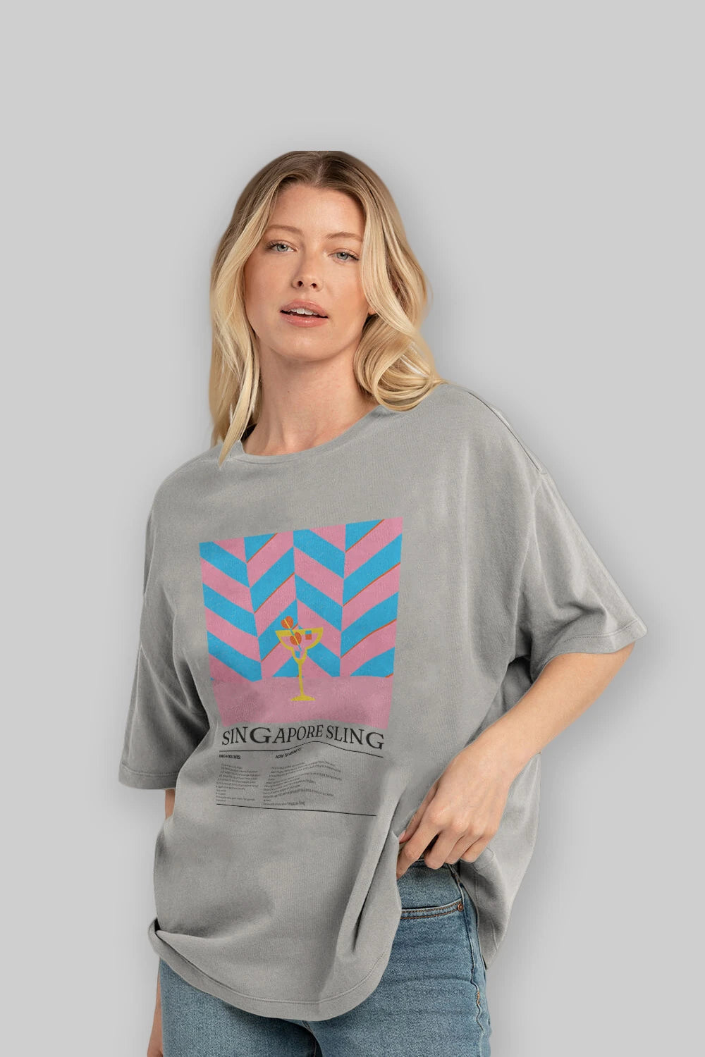Sıngapore Sling Kokteyl Ön Baskılı Oversize t-shirt Erkek Kadın %100 Pamuk Bisiklet Yaka tişort