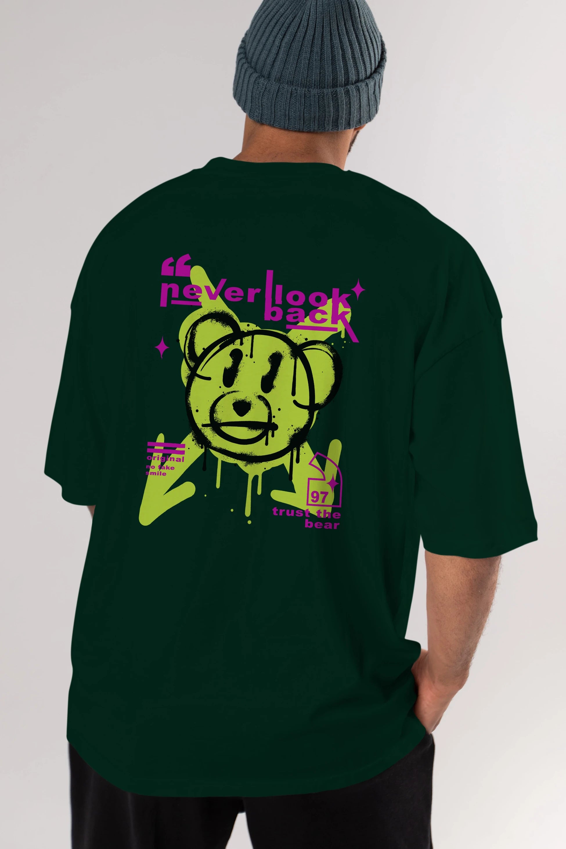 Never Look Back Bear Arka Baskılı Oversize t-shirt Erkek Kadın Unisex