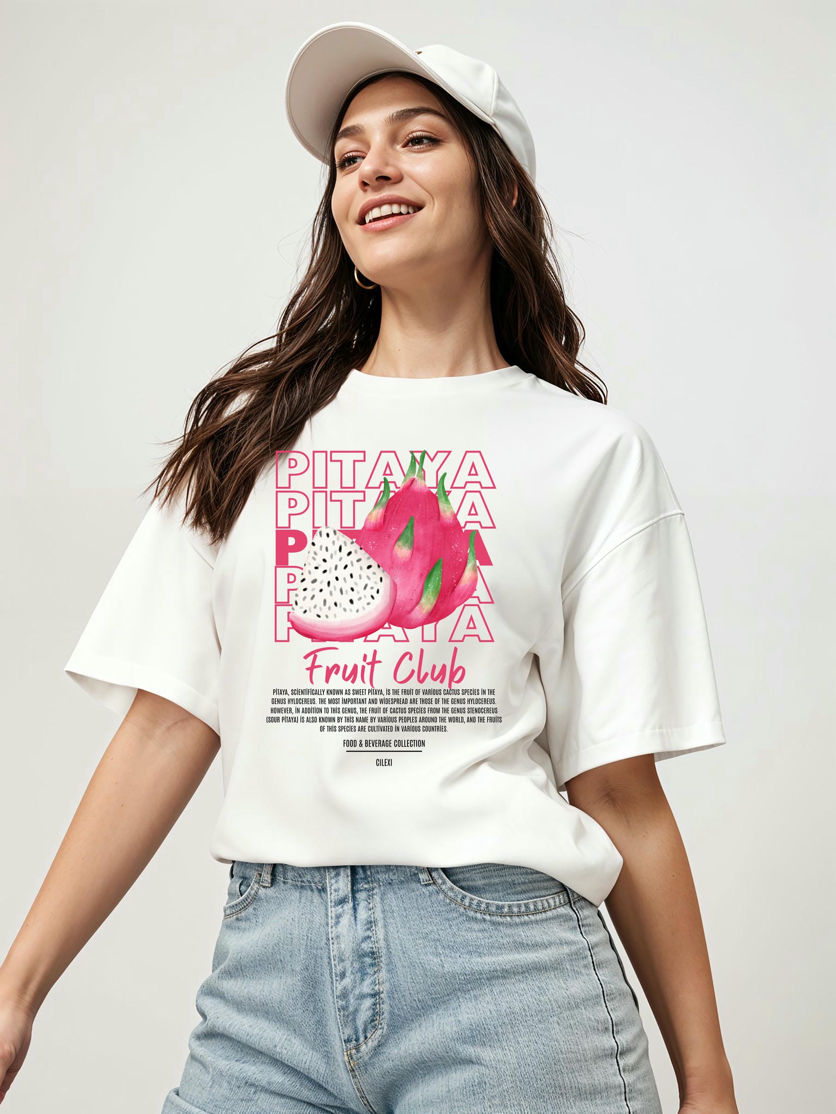 Pitaya Ön Baskılı Oversize t-shirt Erkek Kadın Pamuk Bisiklet Yaka tişort