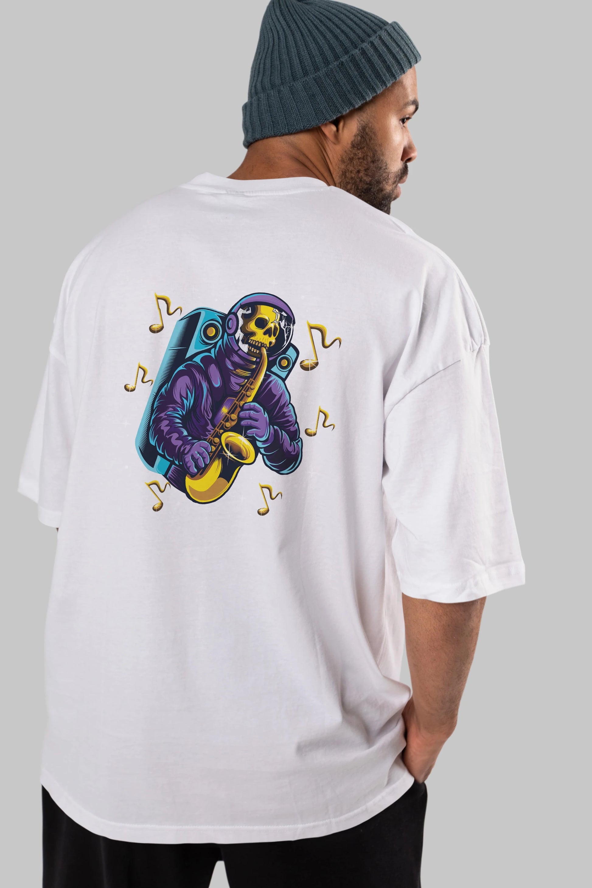 Astroskull Saxophonist Arka Baskılı Oversize t-shirt Erkek Kadın Unisex
