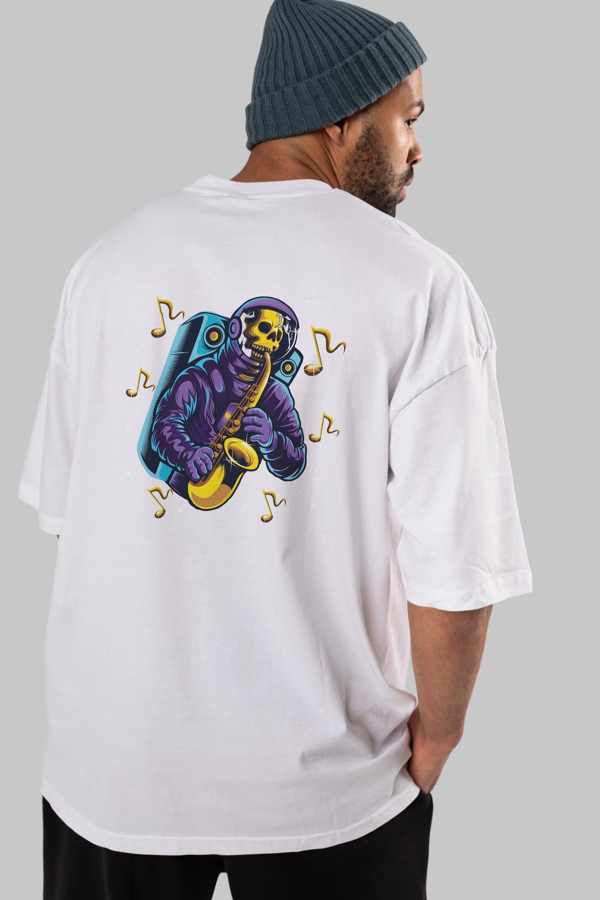 Astroskull Saxophonist Arka Baskılı Oversize t-shirt Erkek Kadın Unisex