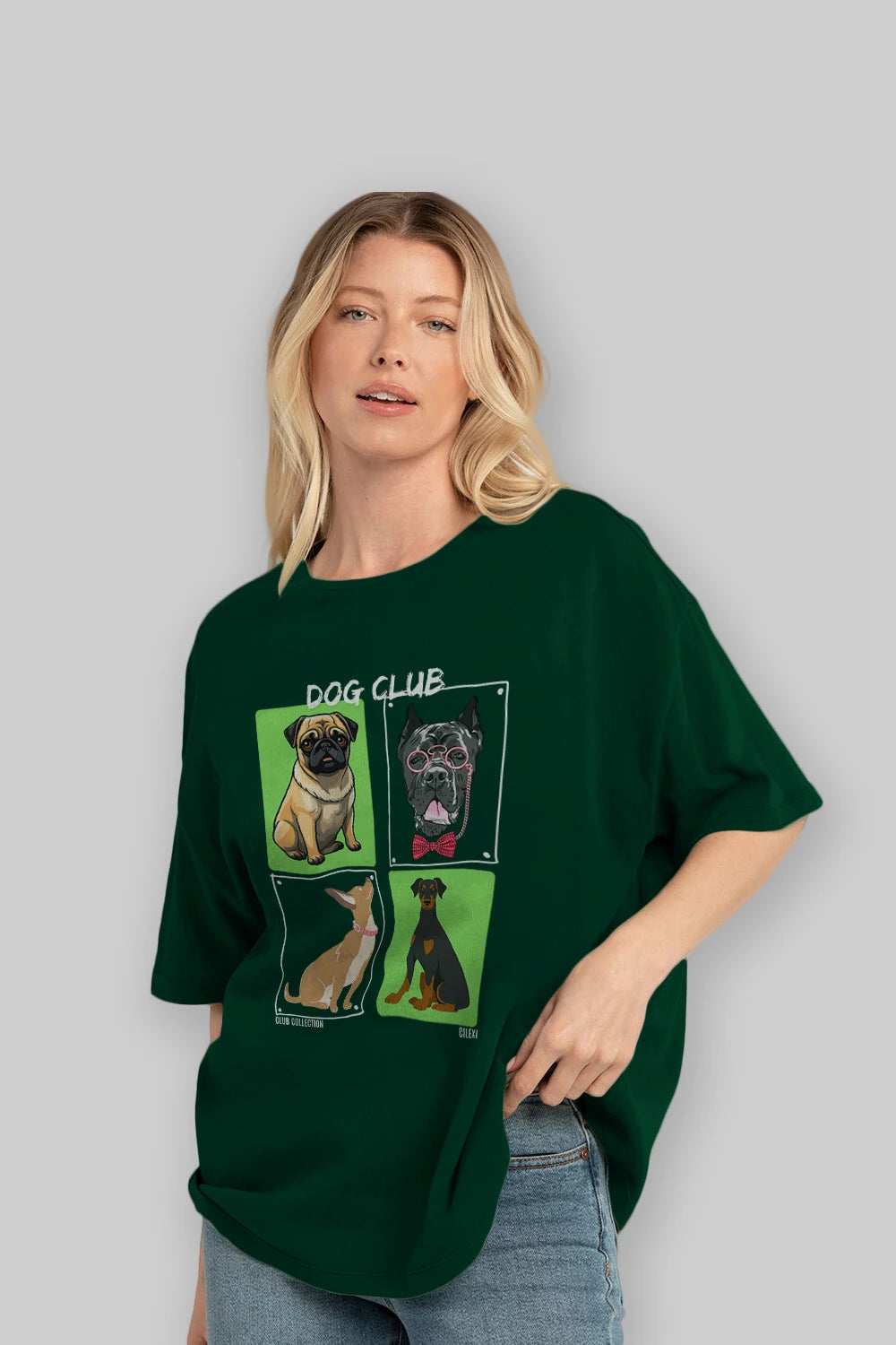 Dog Club ön Baskılı Oversize t-shirt Erkek Kadın %100 Pamuk Bisiklet Yaka tişort