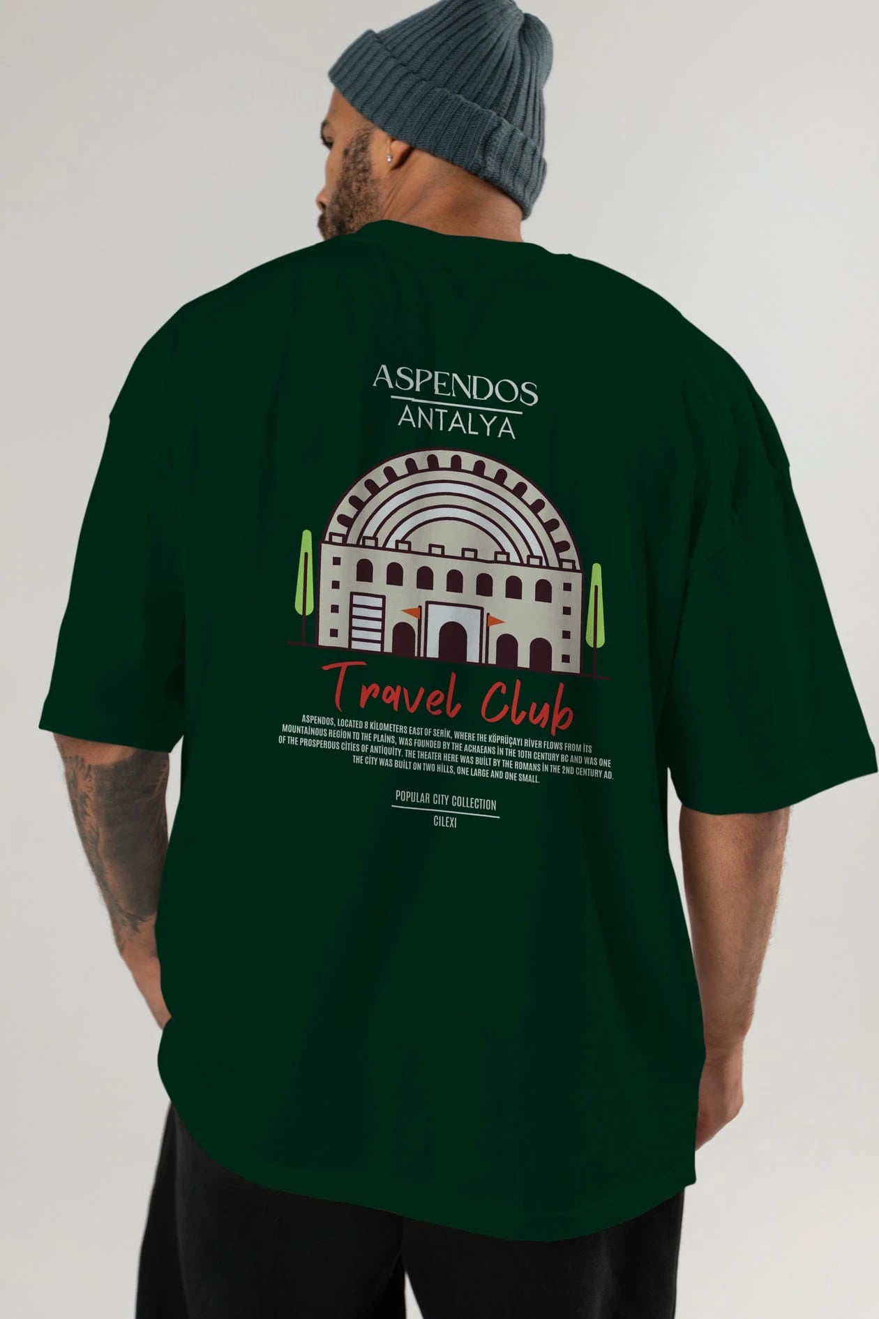 Aspendos Antalya Arka Baskılı Oversize t-shirt Erkek Kadın Pamuk Bisiklet Yaka tişort